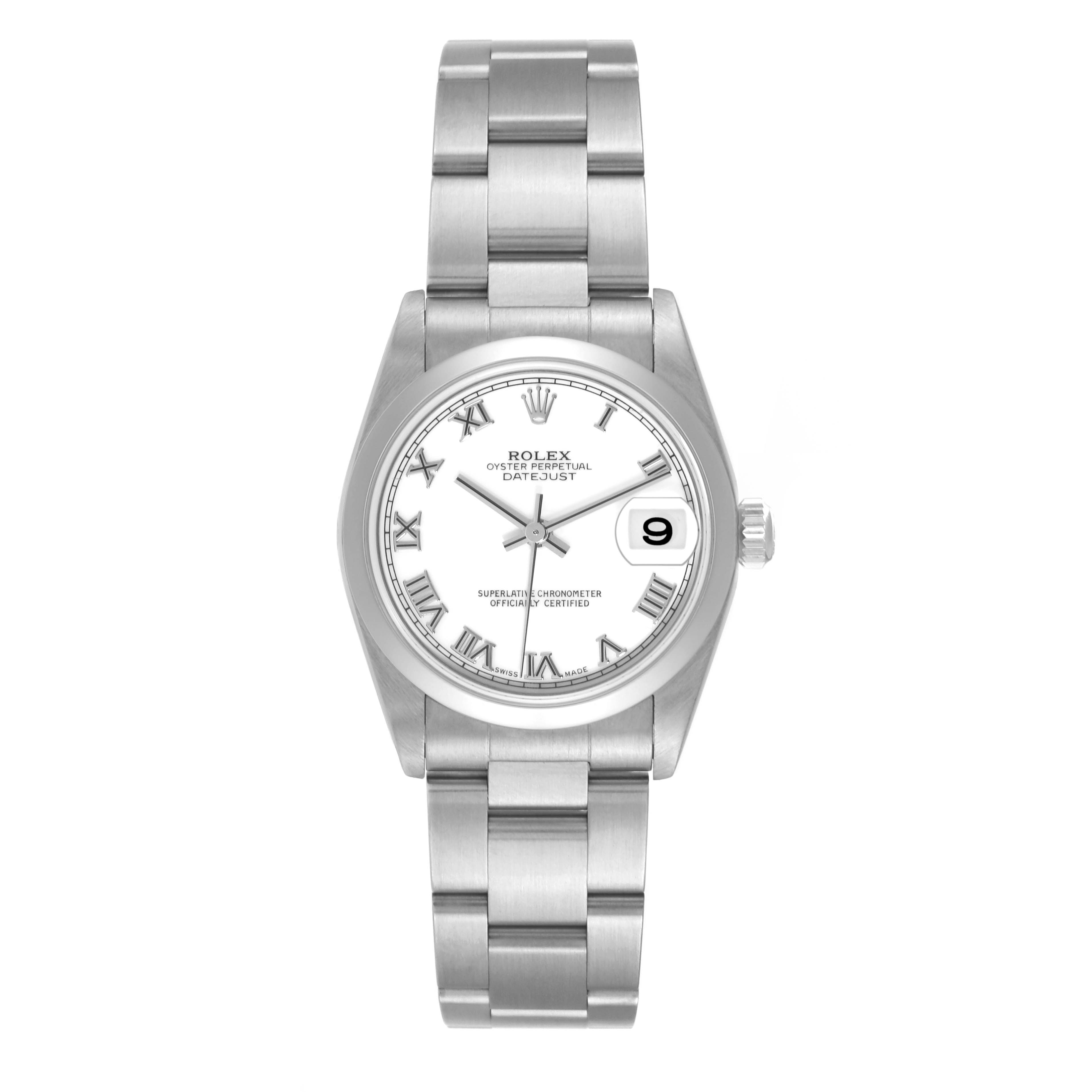 The image shows a front view of the Rolex Oyster Perpetual Datejust Mid-Size watch, highlighting its face, bracelet, and clasp.
