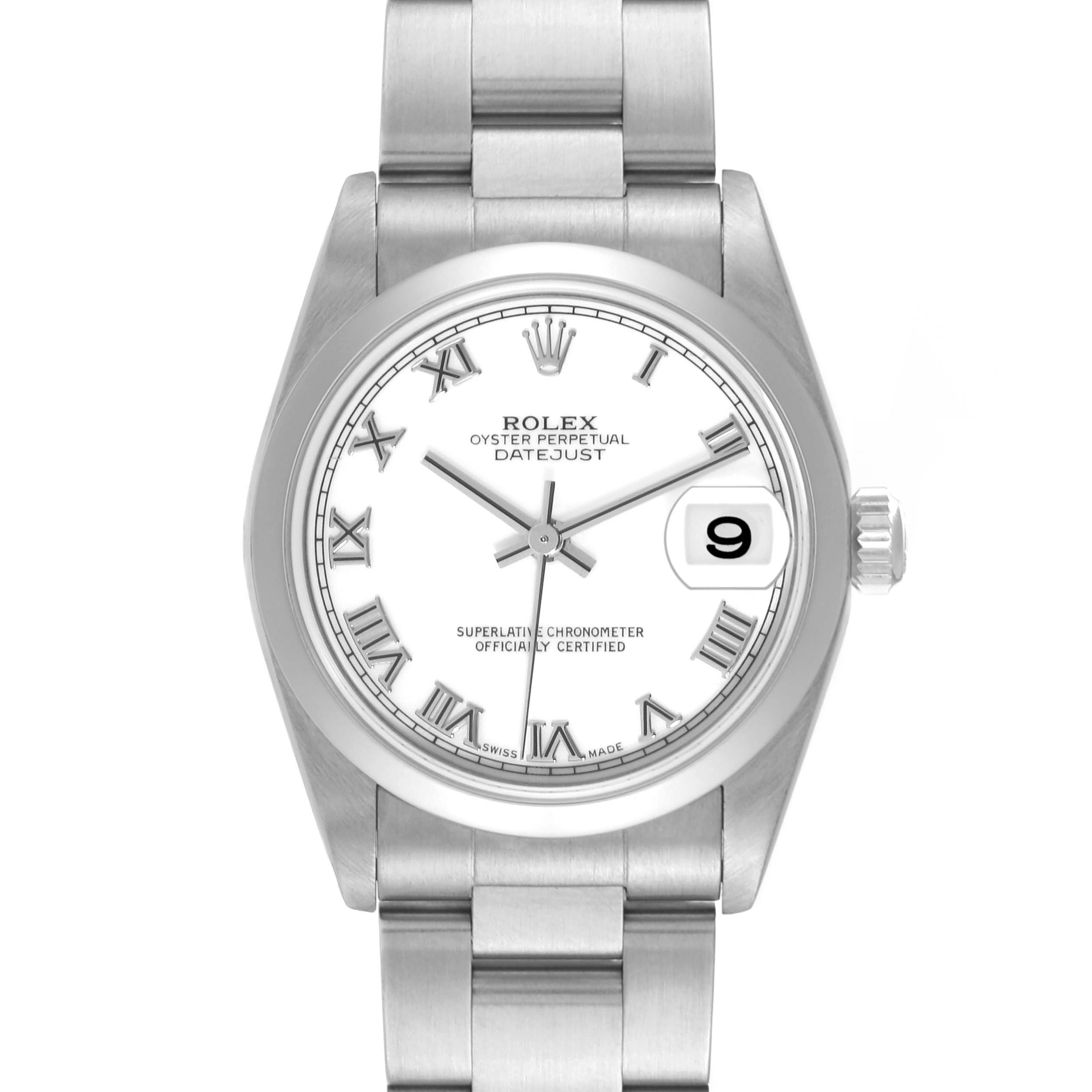This image shows a frontal view of a Rolex Mid-Size 78240 Women
s Stainless Steel White Dial 78240 Women
s Stainless Steel White Dial Datejust watch, displaying the face, bezel, crown, and top of the bracelet.