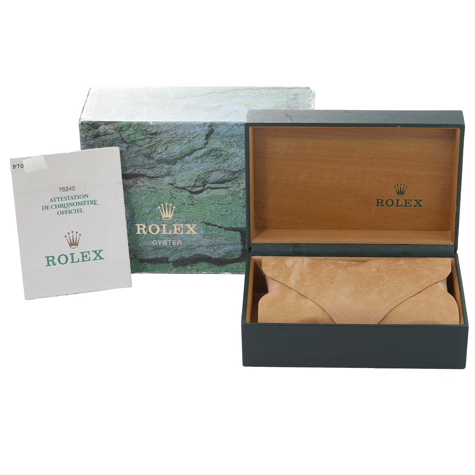 The image shows a Rolex Mid-Size 78240 Women
s Stainless Steel White Dial 78240 Women
s Stainless Steel White Dial watch
s outer box, inner box, and official certification booklet.