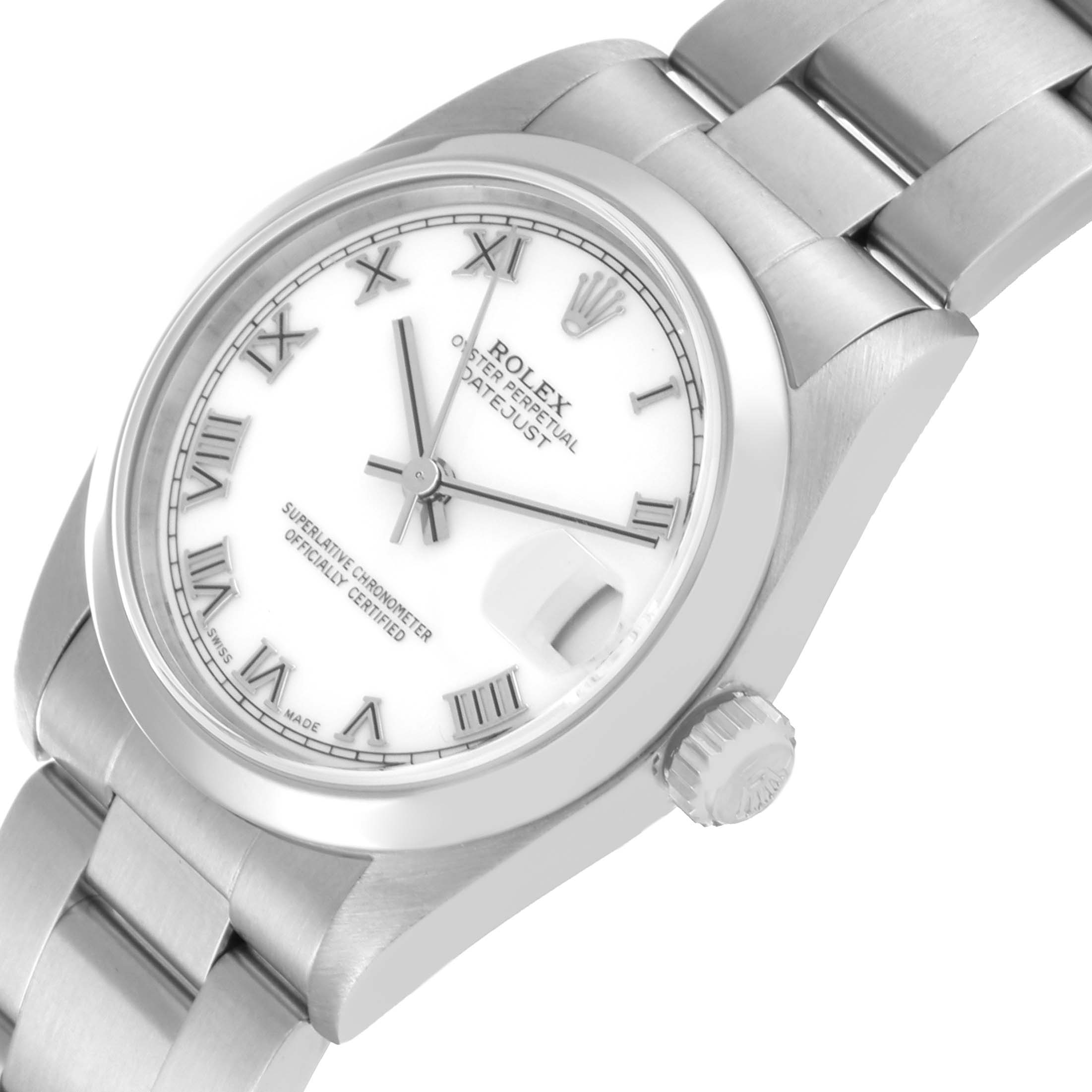 The image shows an angled view of a Rolex Oyster Perpetual Datejust Mid-Size watch, highlighting the dial, crown, and bracelet.