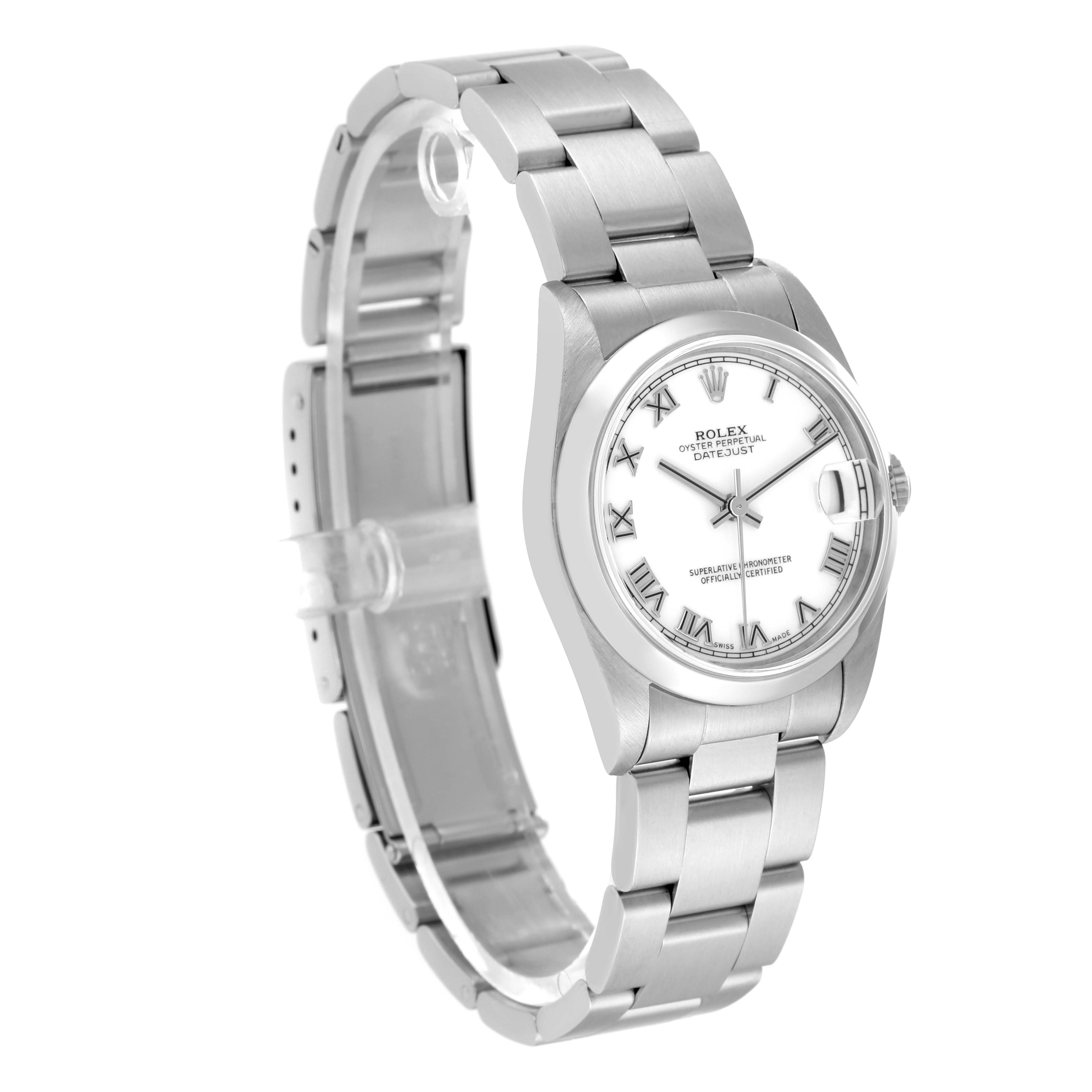 The Rolex Mid-Size 78240 Women
s Stainless Steel White Dial 78240 Women
s Stainless Steel White Dial watch is shown at a three-quarter angle, highlighting the face, bezel, and part of the band.