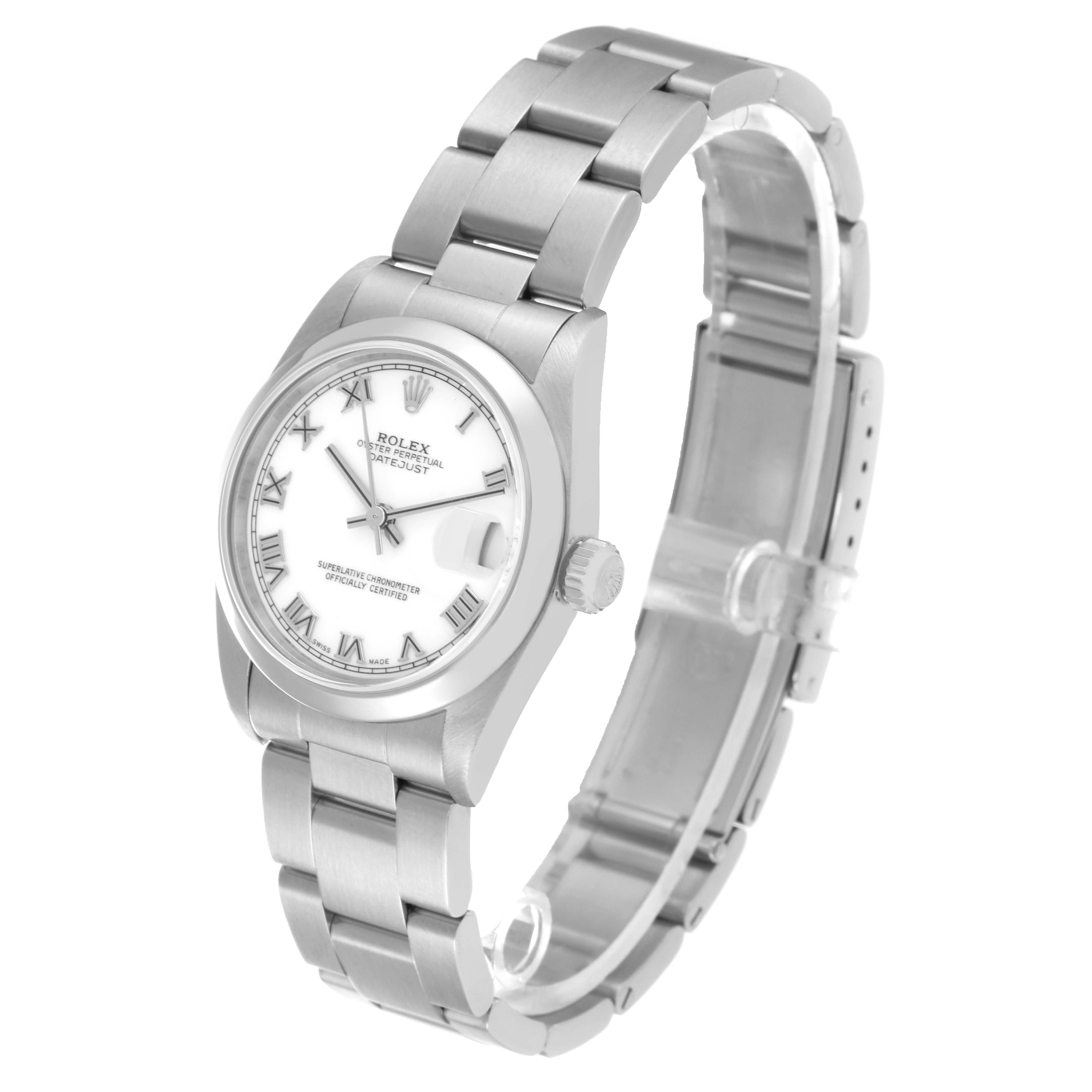 The image shows a Rolex Mid-Size 78240 Women
s Stainless Steel White Dial 78240 Women
s Stainless Steel White Dial Datejust watch at an angled view, showcasing the dial, bezel, bracelet, and clasp.