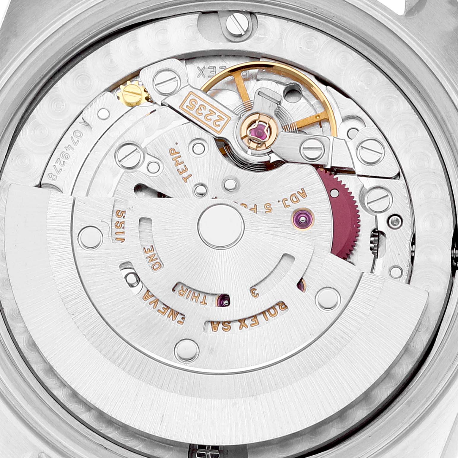 The image shows the movement mechanism of a Mid-Size Rolex watch, viewed from the rear.