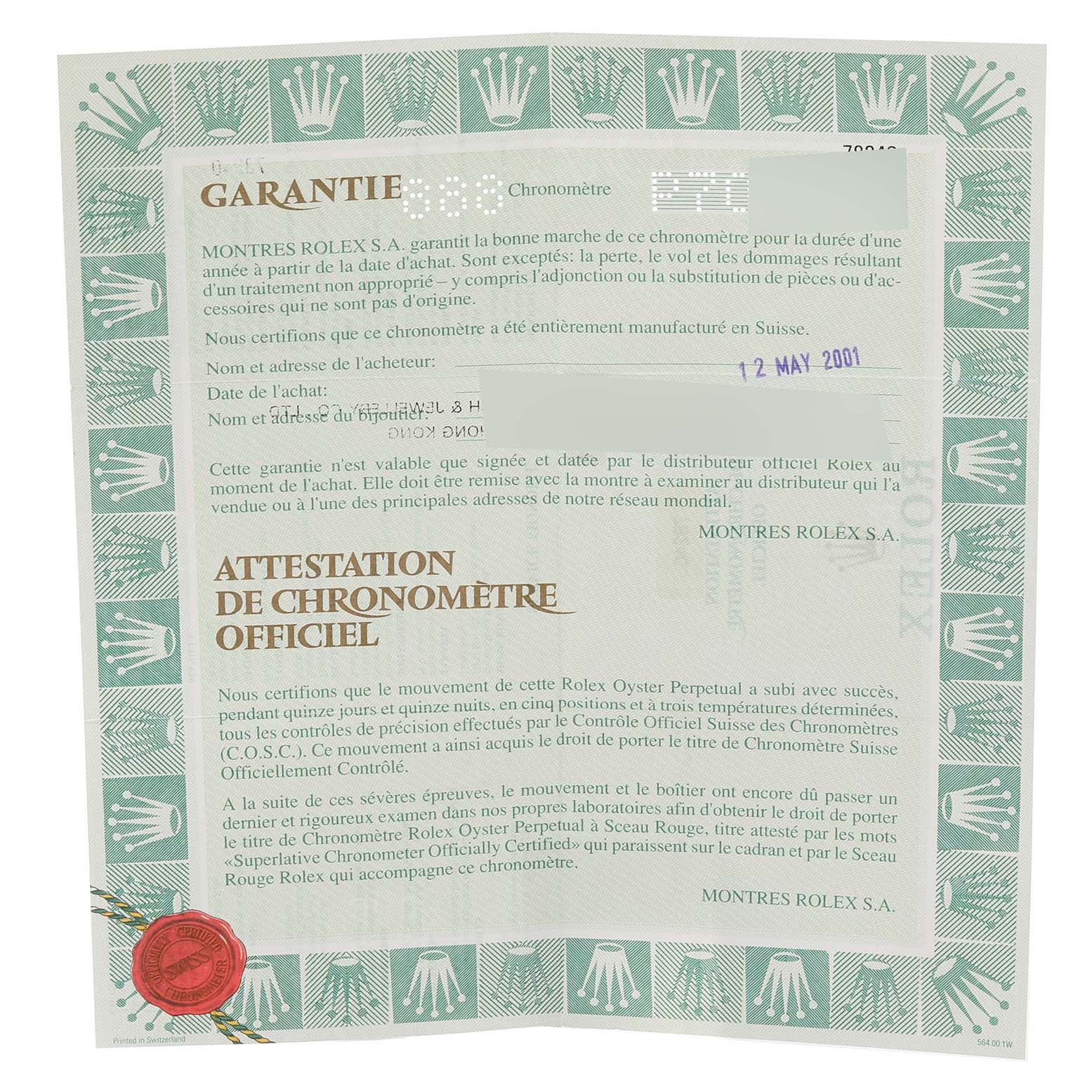 The image displays a warranty card with official chronometer certification for a Mid-Size model by Rolex.