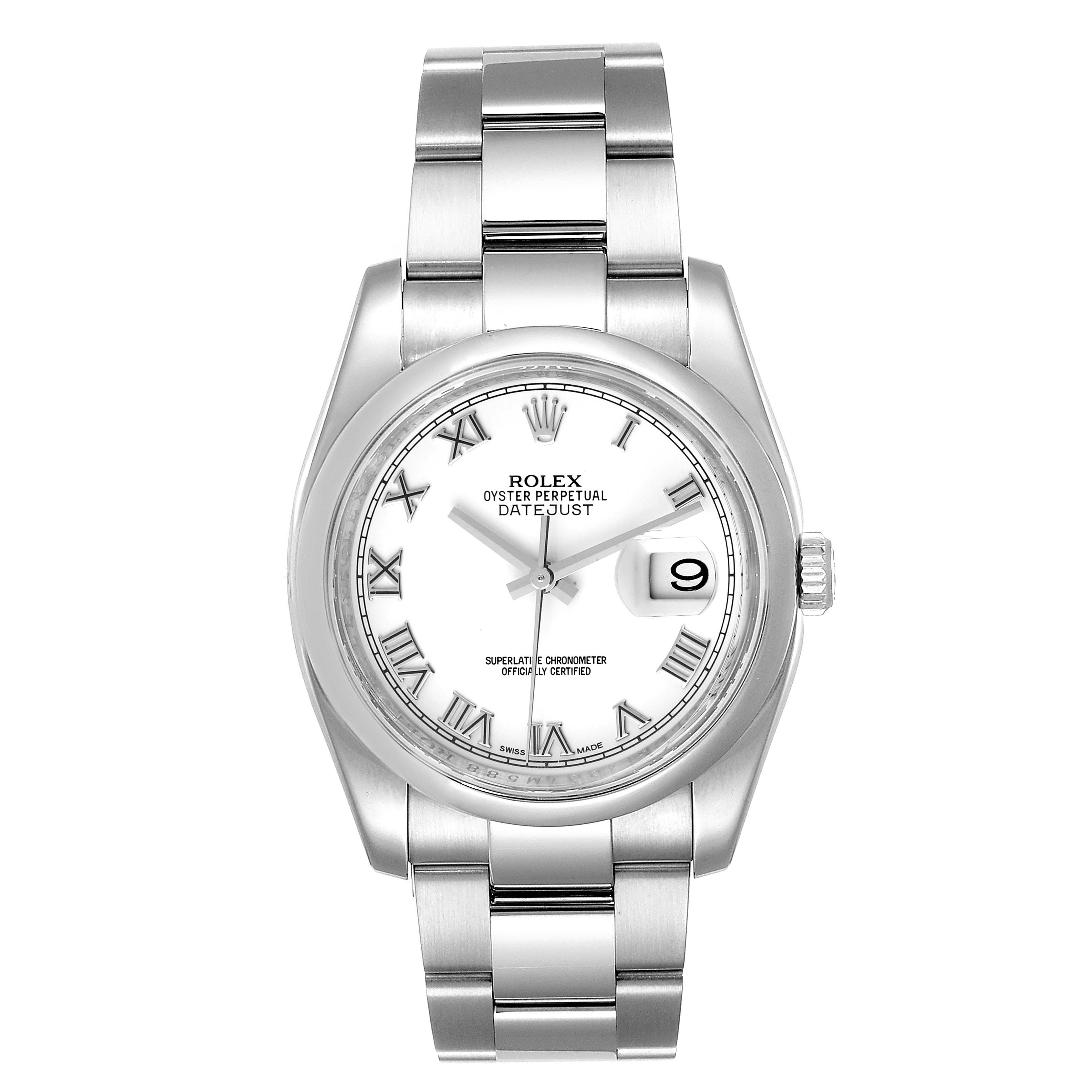 The image shows a frontal view of a Rolex Datejust 116200 Men
s Stainless Steel White Dial 116200 Men
s Stainless Steel White Dial watch, displaying the face, bracelet, and crown.