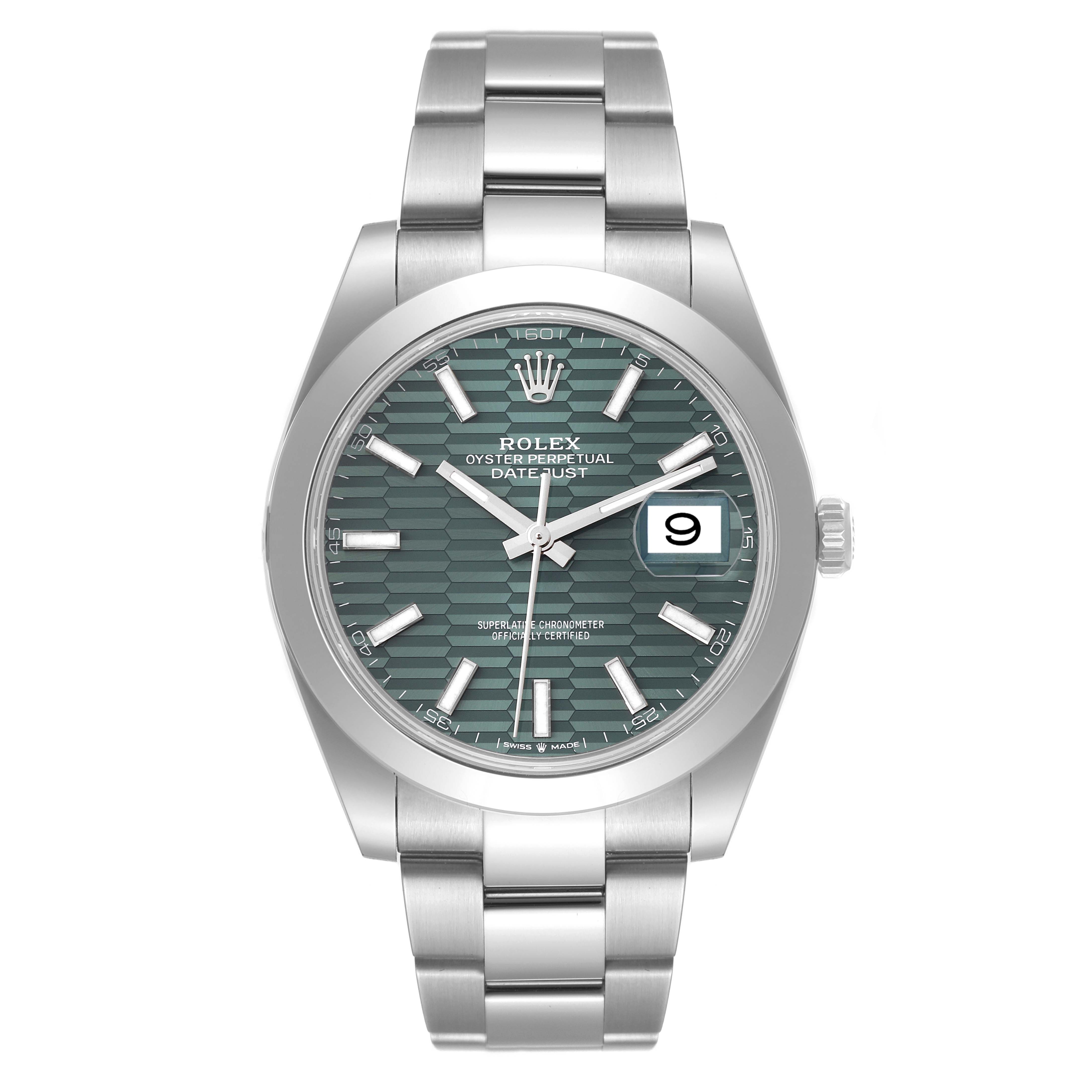 The Rolex Datejust 41 126300 Men's Stainless Steel Green Dial 126300 Men's Stainless Steel Green Dial watch is shown from a front angle, displaying the face, bezel, and bracelet.