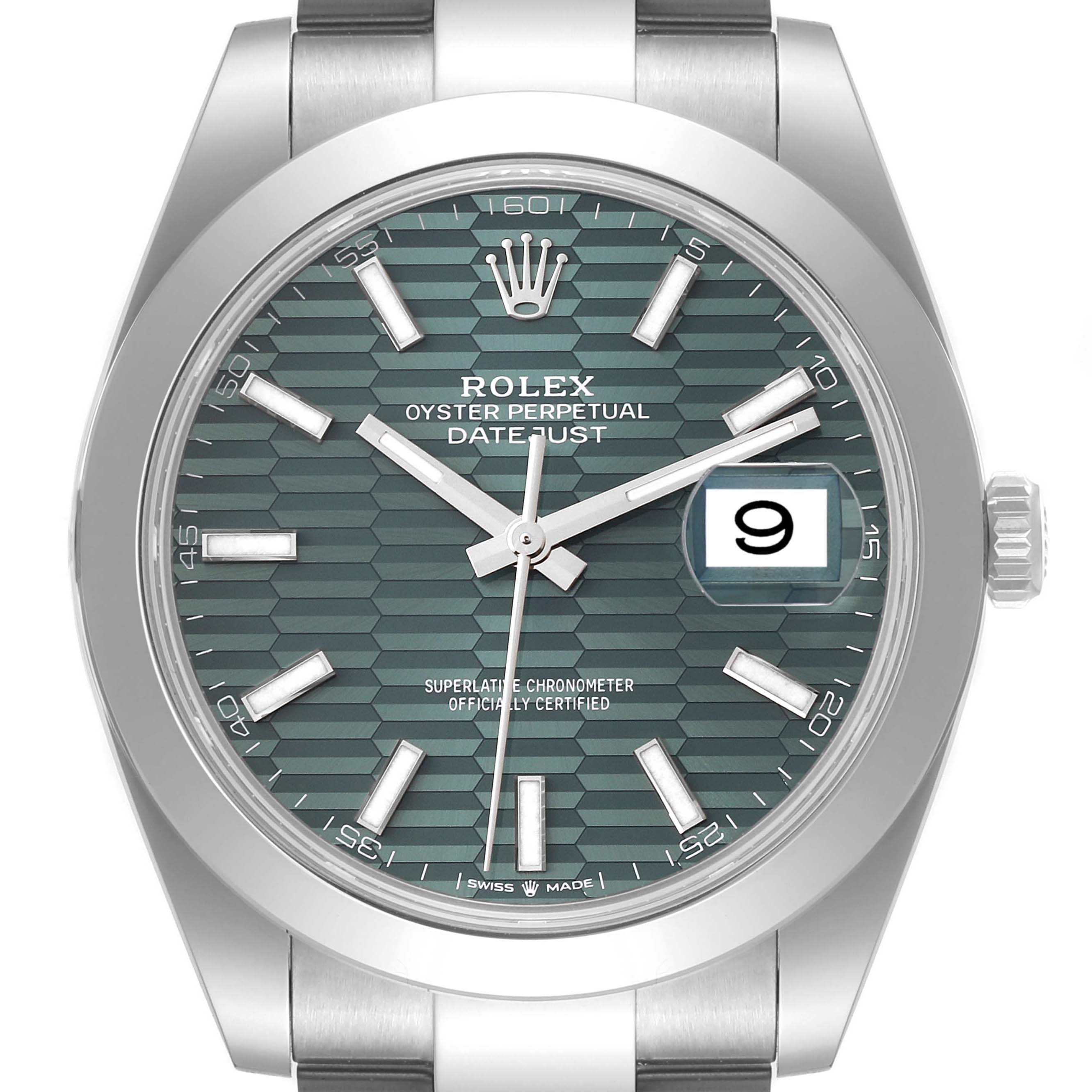 The image shows a front view of the Rolex Datejust 41 126300 Men's Stainless Steel Green Dial 126300 Men's Stainless Steel Green Dial, highlighting its green dial and date window at 3 o'clock position.
