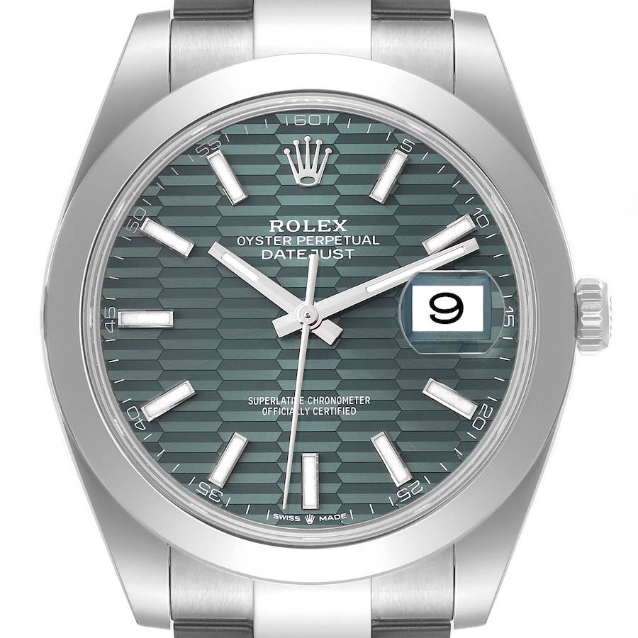Rolex Datejust 41 Mint Green Fluted Dial Smooth Bezel Mens Watch 126300 Unworn SwissWatchExpo