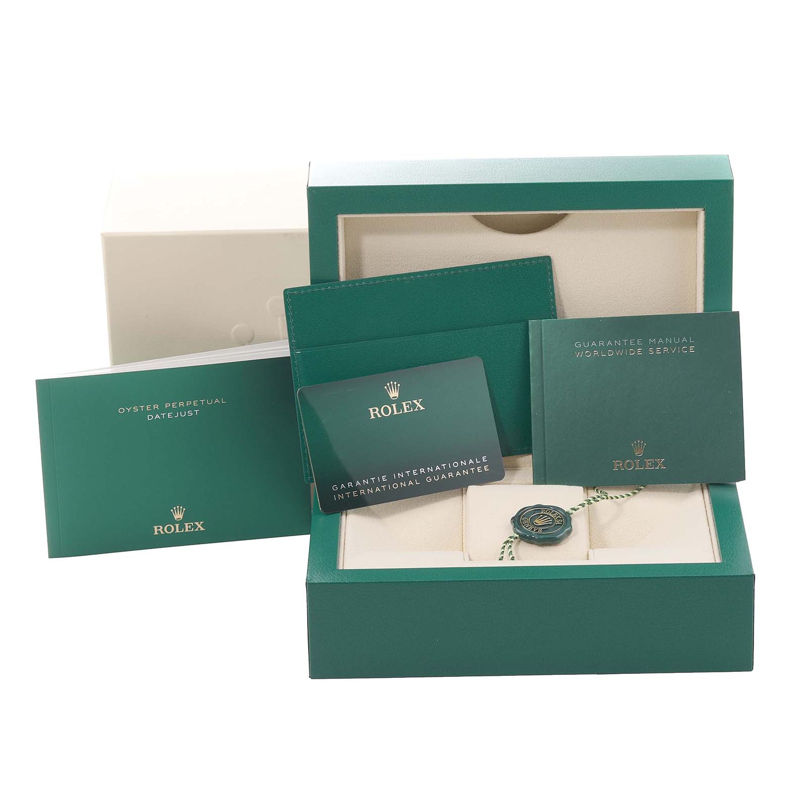 The image shows the packaging, manuals, warranty card, and tag for a Rolex Datejust 41 126300 Men's Stainless Steel Green Dial 126300 Men's Stainless Steel Green Dial watch.
