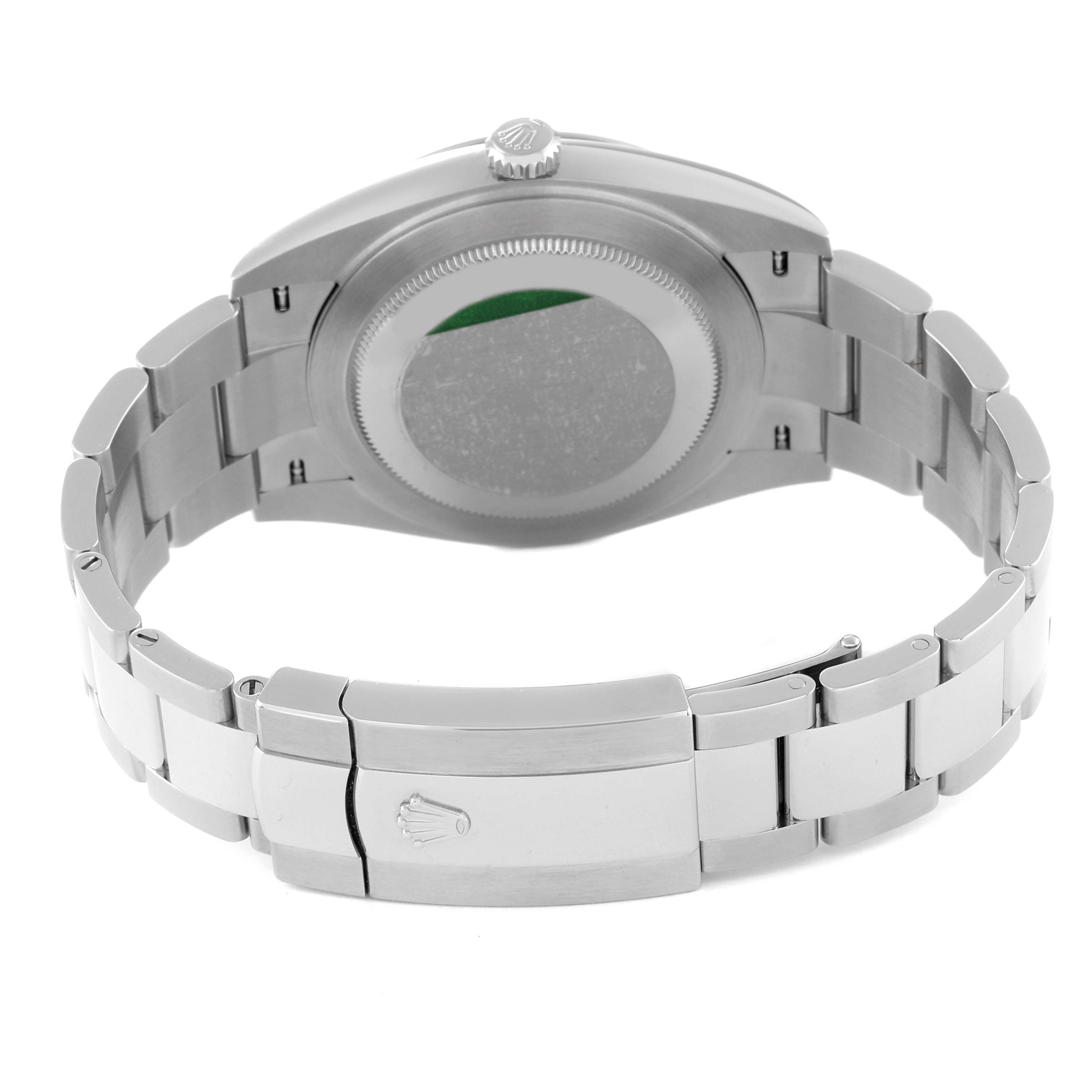 The image shows the back case and bracelet clasp of a Rolex Datejust 41 126300 Men's Stainless Steel Green Dial 126300 Men's Stainless Steel Green Dial watch from a rear view angle.