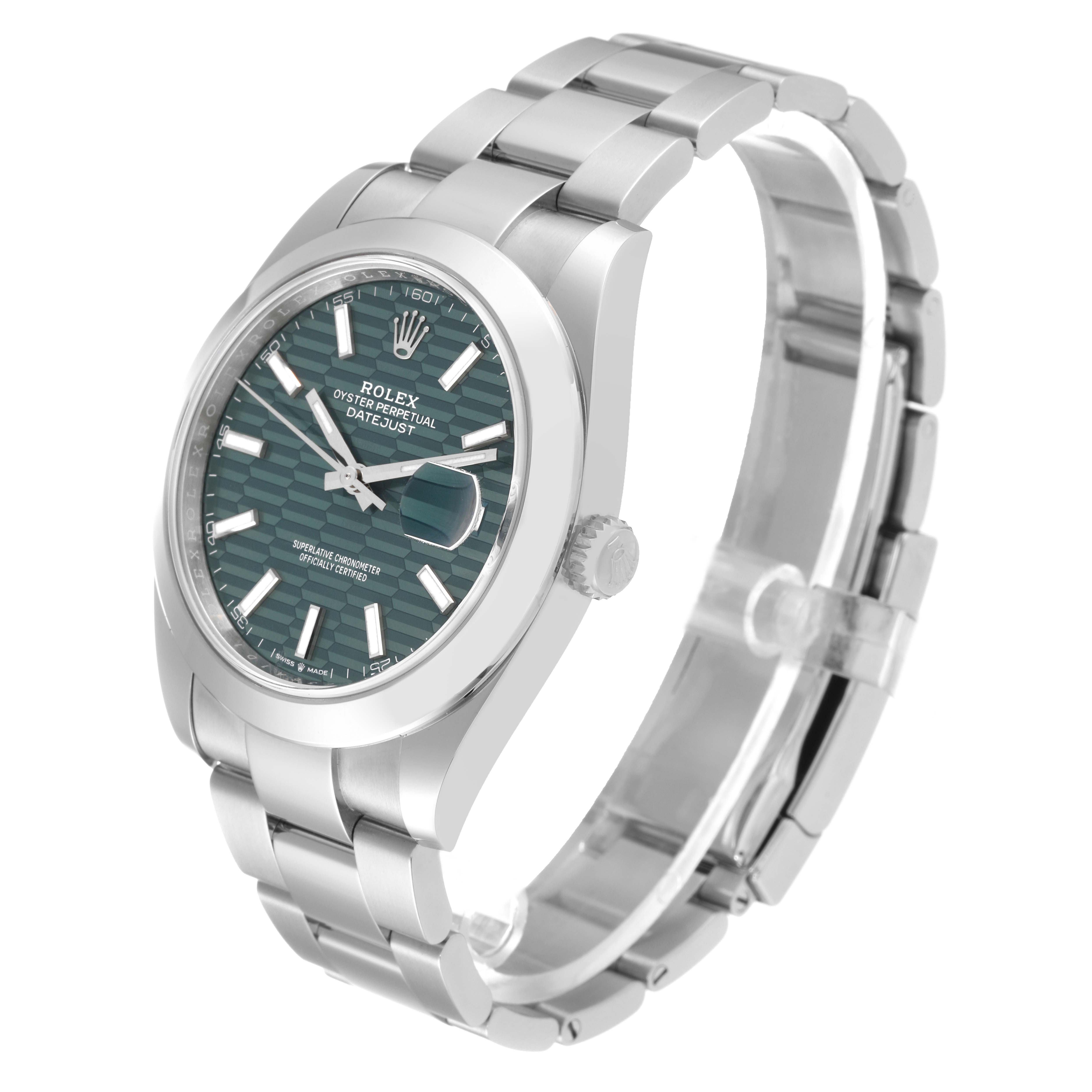 The Rolex Datejust 41 126300 Men's Stainless Steel Green Dial 126300 Men's Stainless Steel Green Dial watch is shown at a three-quarter angle, displaying the dial, bezel, and bracelet.