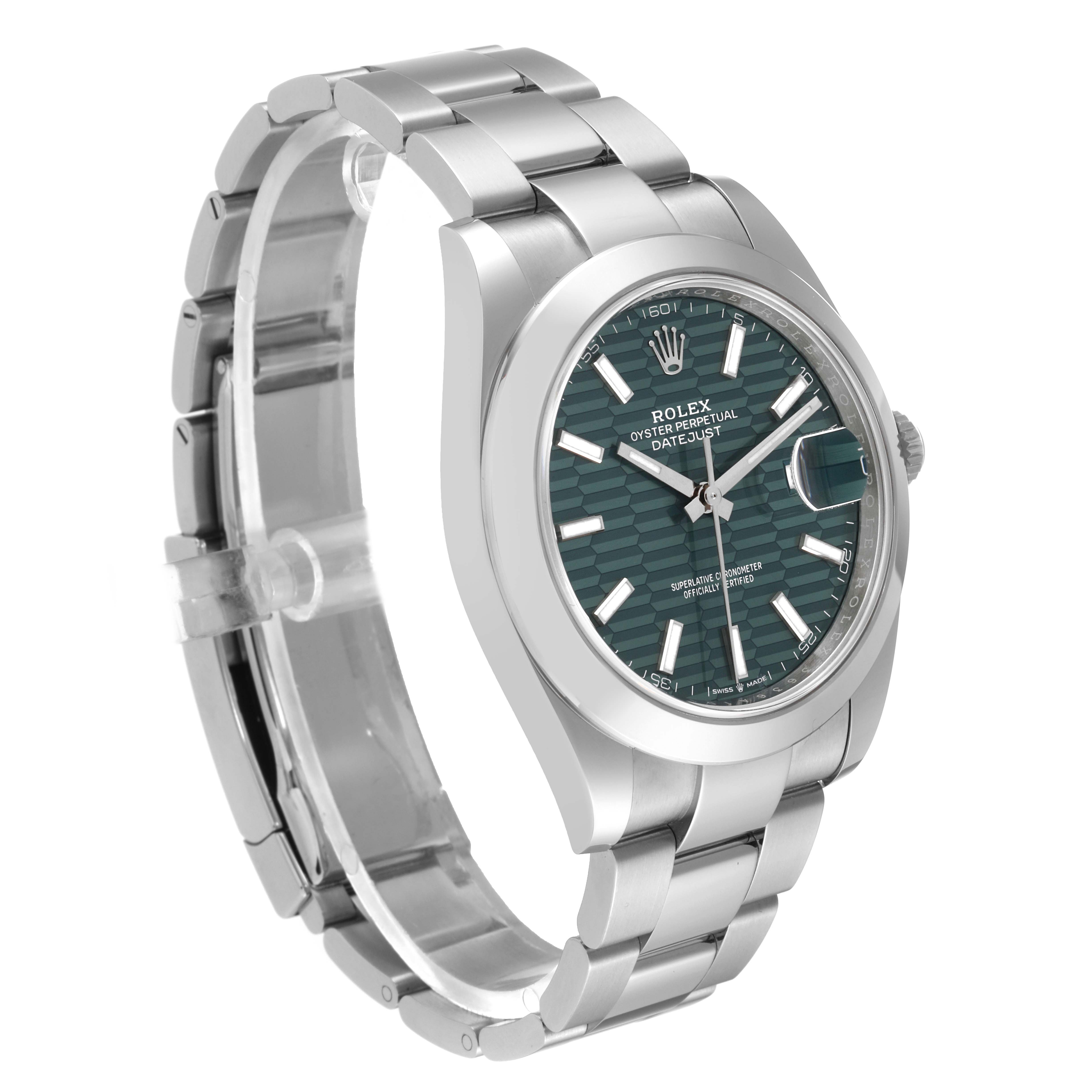 The image shows a side view of the Rolex Datejust 41 126300 Men's Stainless Steel Green Dial 126300 Men's Stainless Steel Green Dial watch, highlighting its face, bezel, crown, and bracelet.