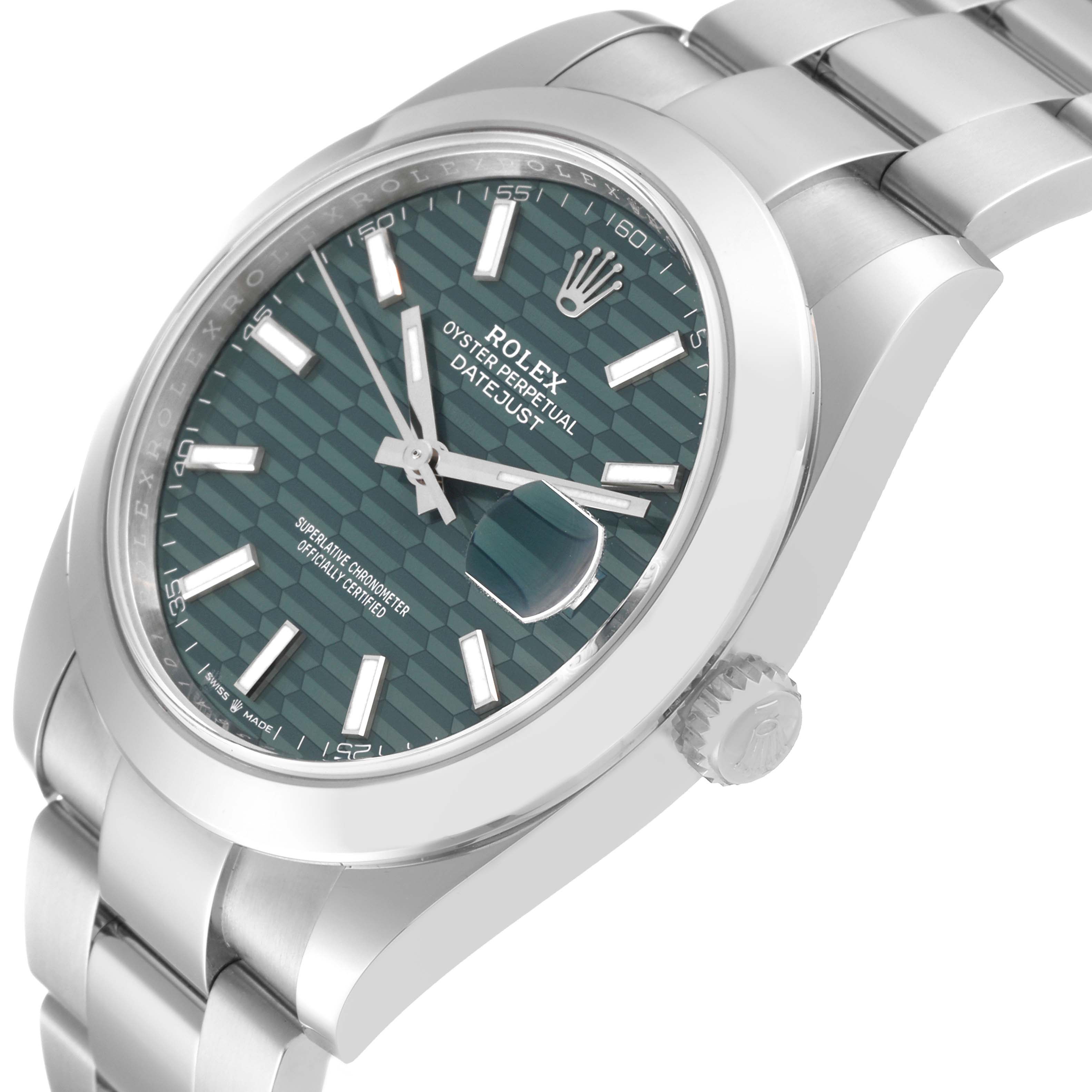 The image shows a close-up angled view of the Rolex Datejust 41 126300 Men's Stainless Steel Green Dial 126300 Men's Stainless Steel Green Dial model, highlighting the watch dial, case, bracelet, and crown.