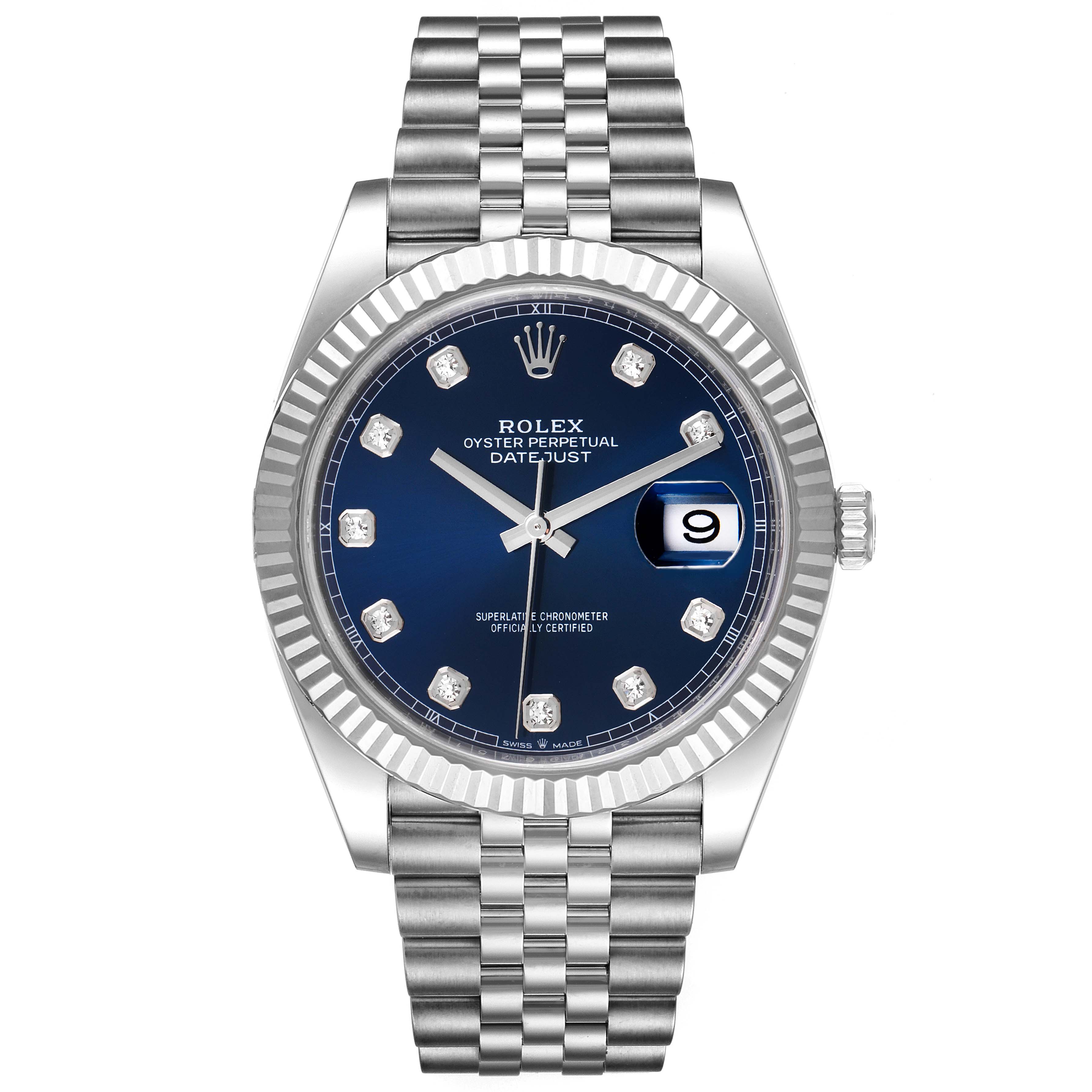 The image shows a frontal view of the Rolex Datejust 41 126334 Men's Stainless Steel Blue Dial 126334 Men's Stainless Steel Blue Dial watch, highlighting its blue dial, Oystersteel bracelet, and fluted bezel.