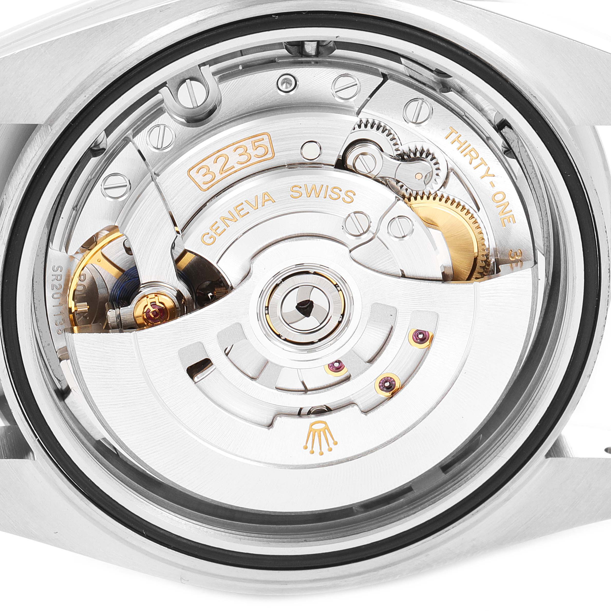 This image shows the Rolex Datejust 41 126334 Men's Stainless Steel Blue Dial 126334 Men's Stainless Steel Blue Dial's exposed movement, including the rotor and various gears, viewed from the caseback.