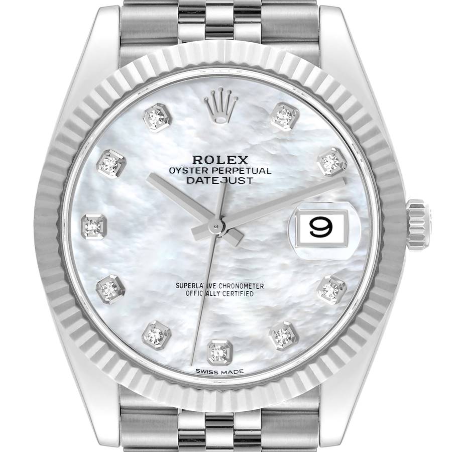 Rolex Datejust 41 Steel White Gold Mother of Pearl Diamond Mens Watch 126334 Box Card SwissWatchExpo