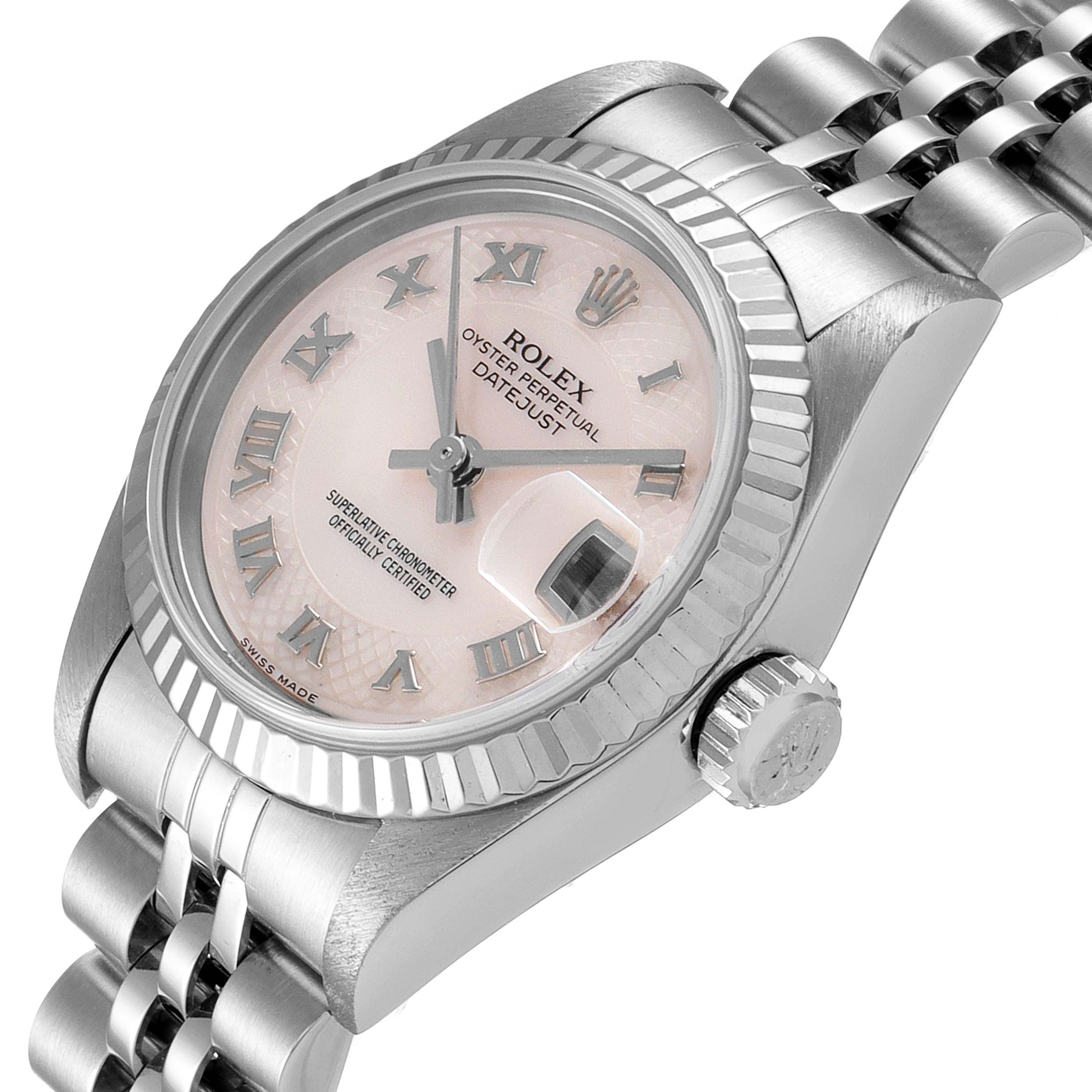 The image shows the face, crown, and part of the bracelet of a Rolex Datejust 79174 Women
s Stainless Steel Mother of Pearl Dial 79174 Women
s Stainless Steel Mother of Pearl Dial watch at an angled close-up view.