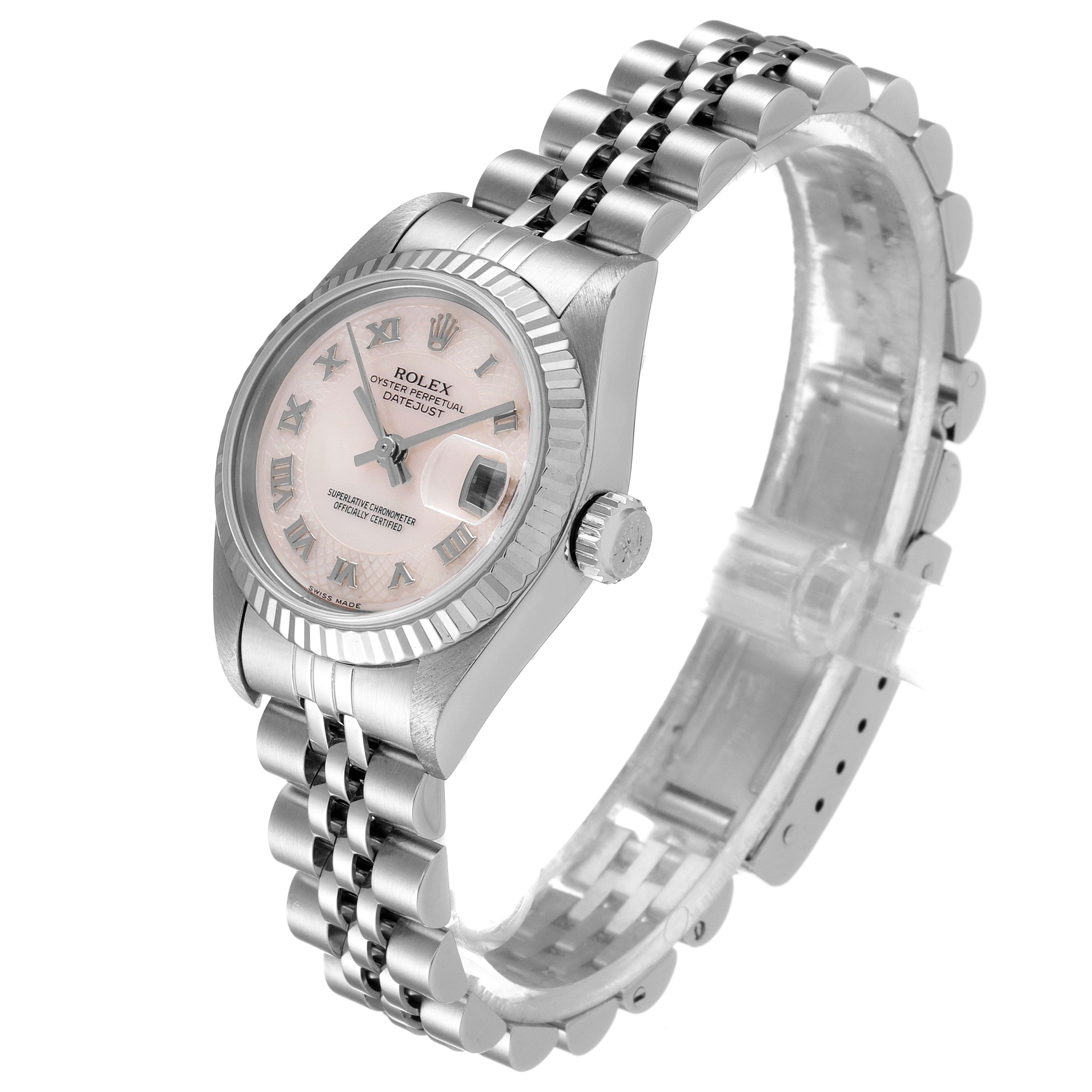 The Rolex Datejust 79174 Women
s Stainless Steel Mother of Pearl Dial 79174 Women
s Stainless Steel Mother of Pearl Dial watch is shown at an angled view, displaying the face, bezel, crown, and bracelet.