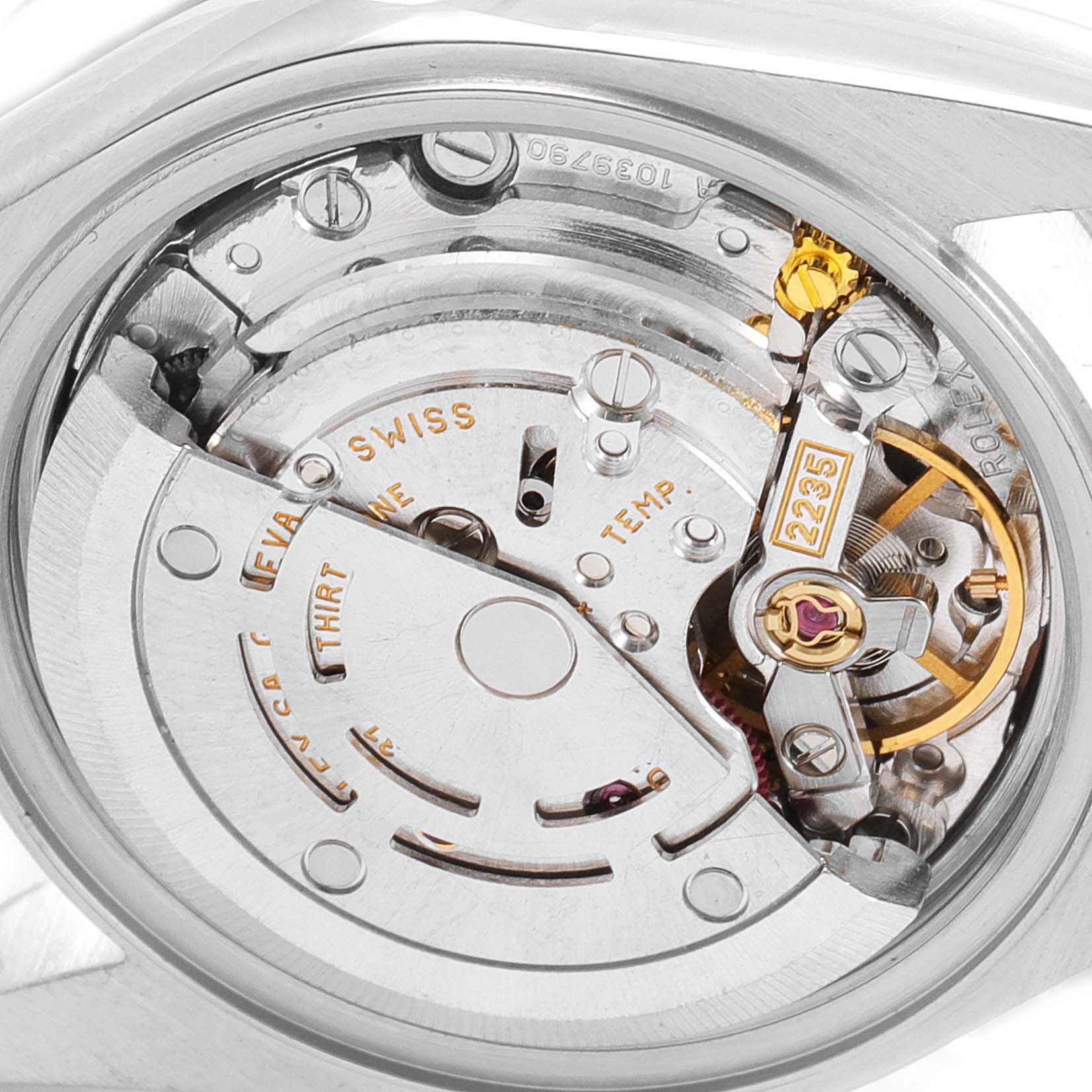 This image shows the movement and internal mechanism of a Rolex Datejust 79174 Women
s Stainless Steel Mother of Pearl Dial 79174 Women
s Stainless Steel Mother of Pearl Dial watch from a close-up, rear view angle.