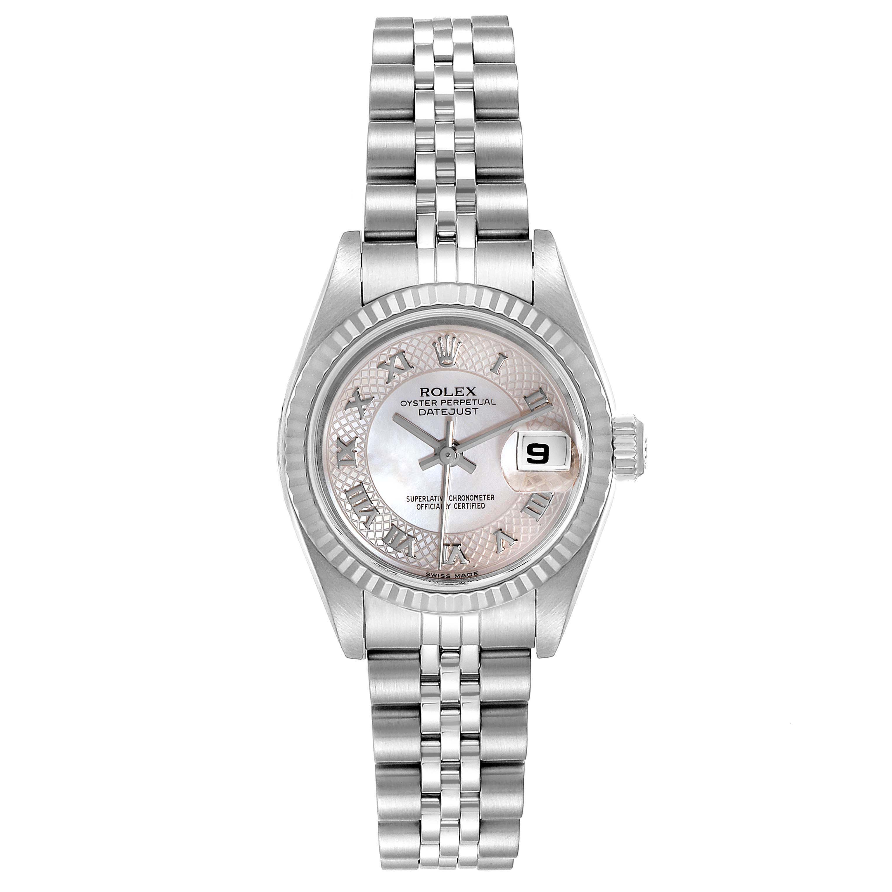 The image shows a frontal view of a Rolex Datejust 79174 Women
s Stainless Steel Mother of Pearl Dial 79174 Women
s Stainless Steel Mother of Pearl Dial watch, featuring its dial, bezel, and Jubilee bracelet.
