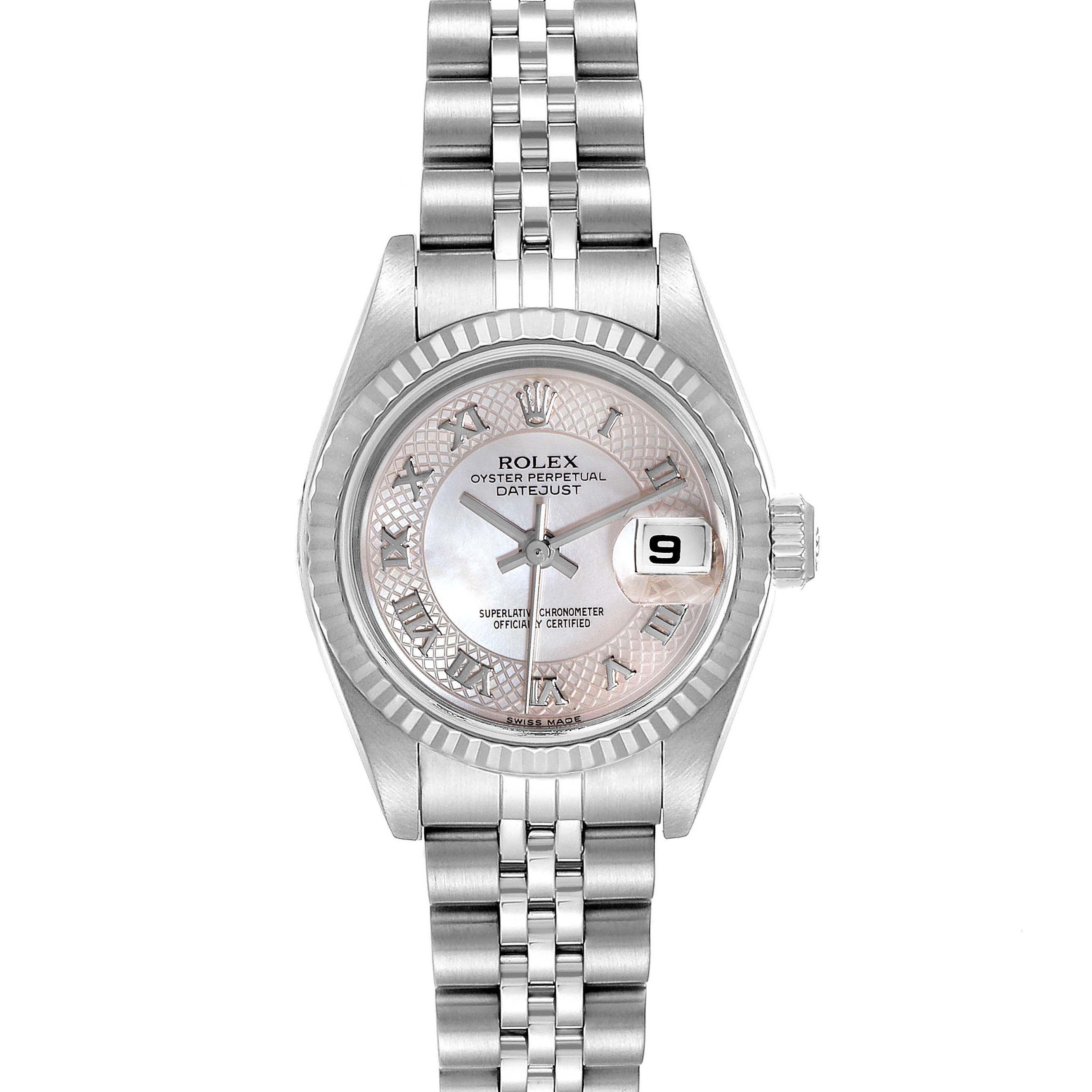 This image shows a front view of a Rolex Datejust 79174 Women
s Stainless Steel Mother of Pearl Dial 79174 Women
s Stainless Steel Mother of Pearl Dial watch, displaying its dial, case, bracelet, and date window.