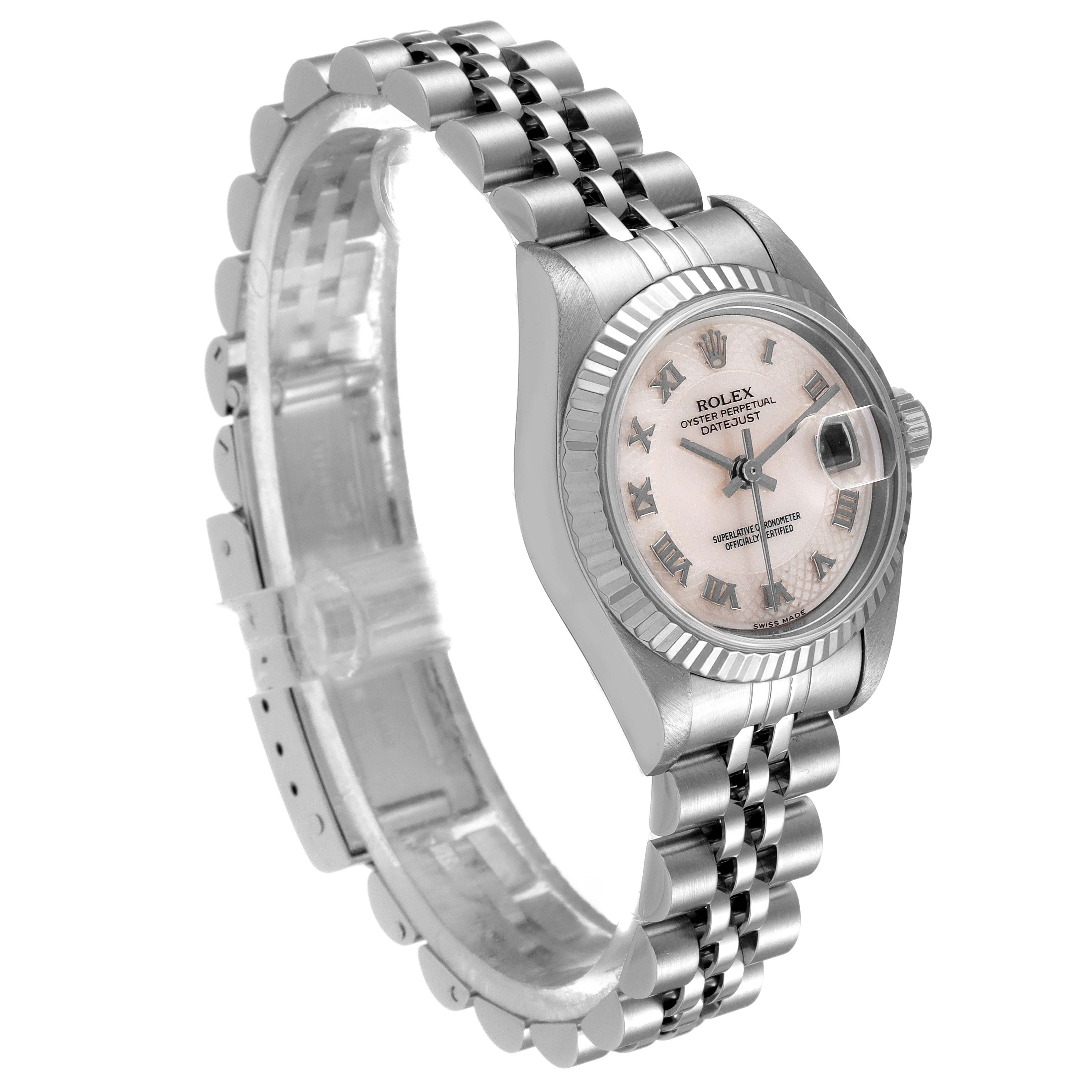 The Rolex Datejust 79174 Women
s Stainless Steel Mother of Pearl Dial 79174 Women
s Stainless Steel Mother of Pearl Dial watch is shown at a three-quarter angle displaying the face, dial, bezel, and partial bracelet.