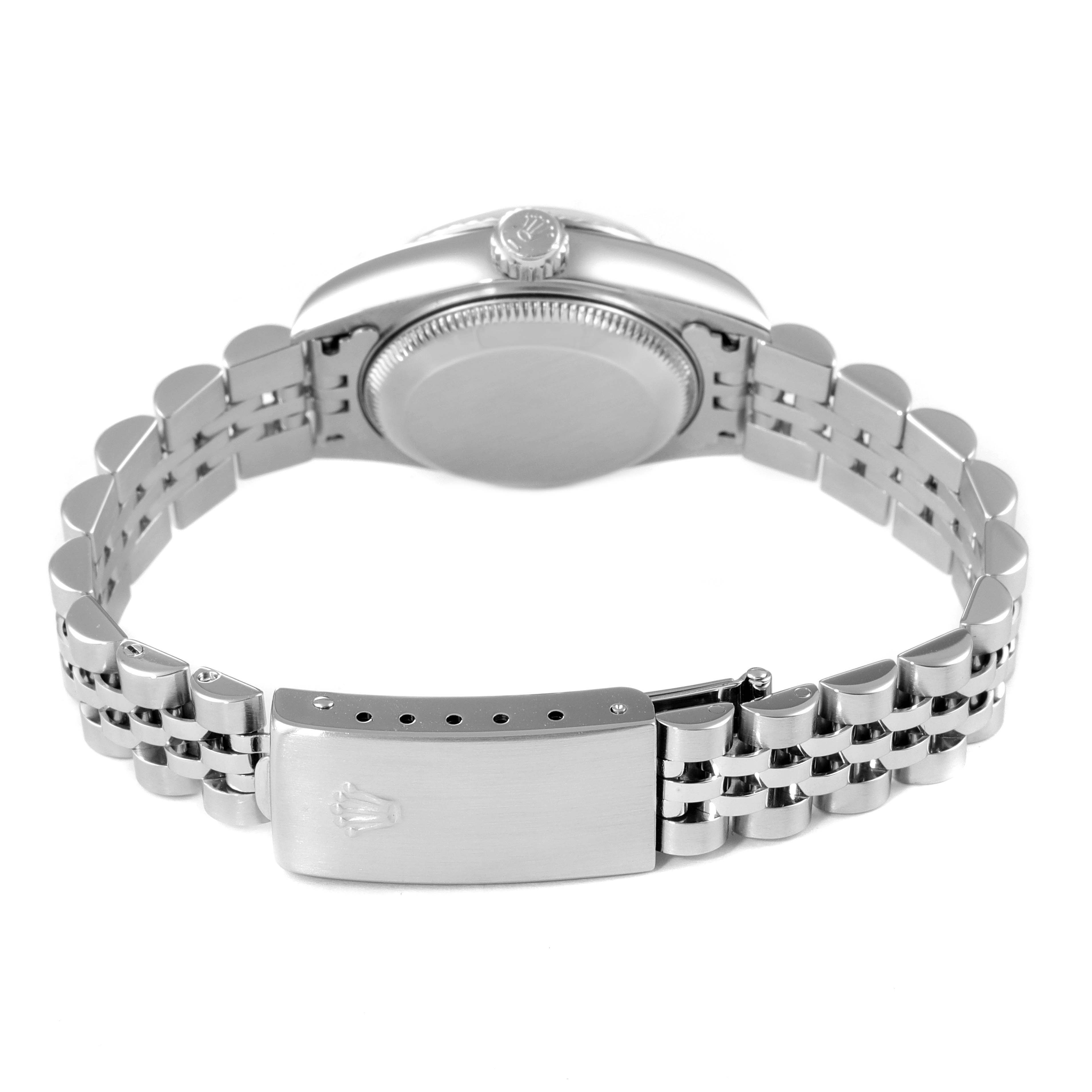 This image shows the case back and bracelet clasp of a Rolex Datejust 79174 Women
s Stainless Steel Mother of Pearl Dial 79174 Women
s Stainless Steel Mother of Pearl Dial watch from a rear angle.