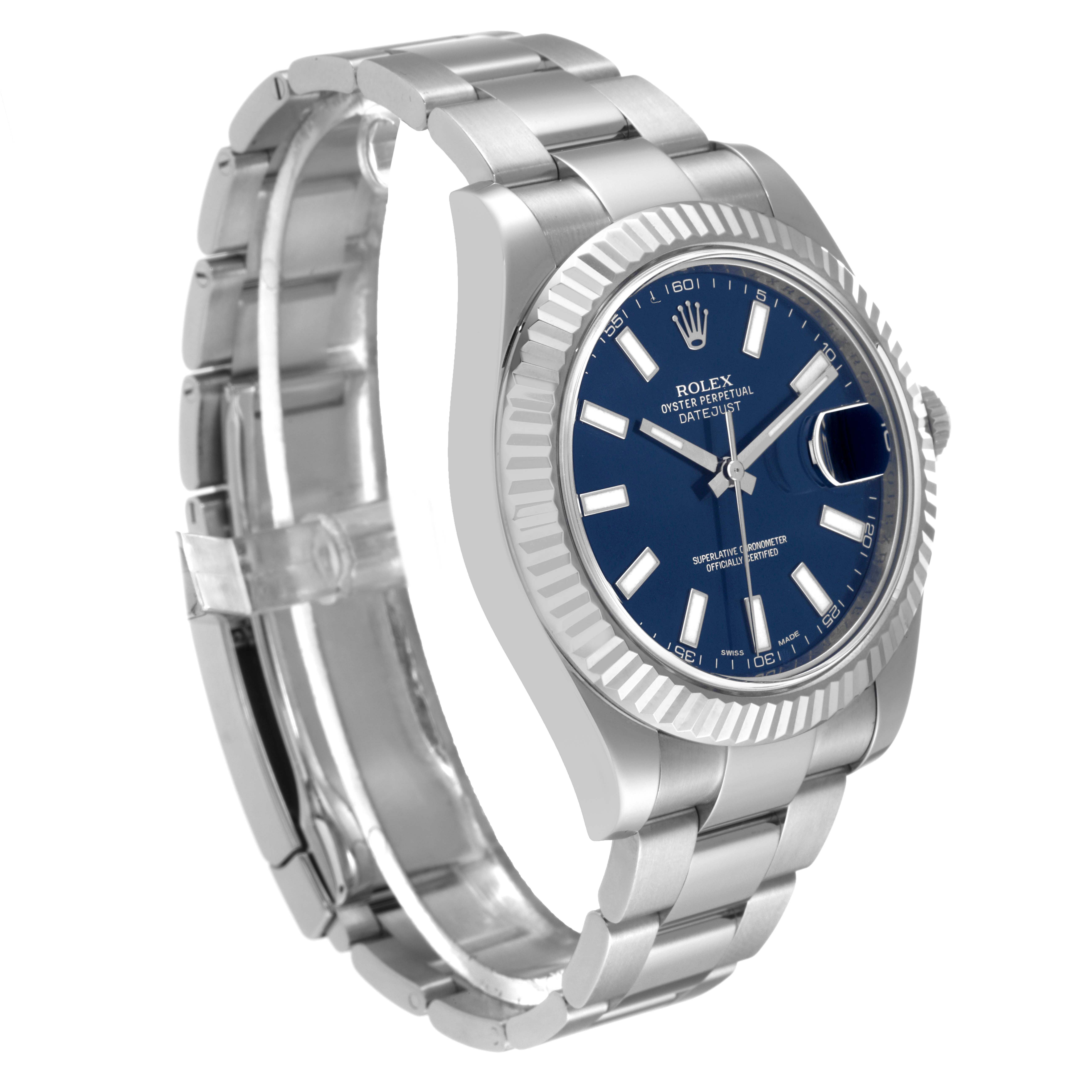 The image shows a side angle of the Rolex Datejust 41 116334 Men
s Stainless Steel Blue Dial 116334 Men
s Stainless Steel Blue Dial watch, highlighting its bracelet, blue dial, and fluted bezel.