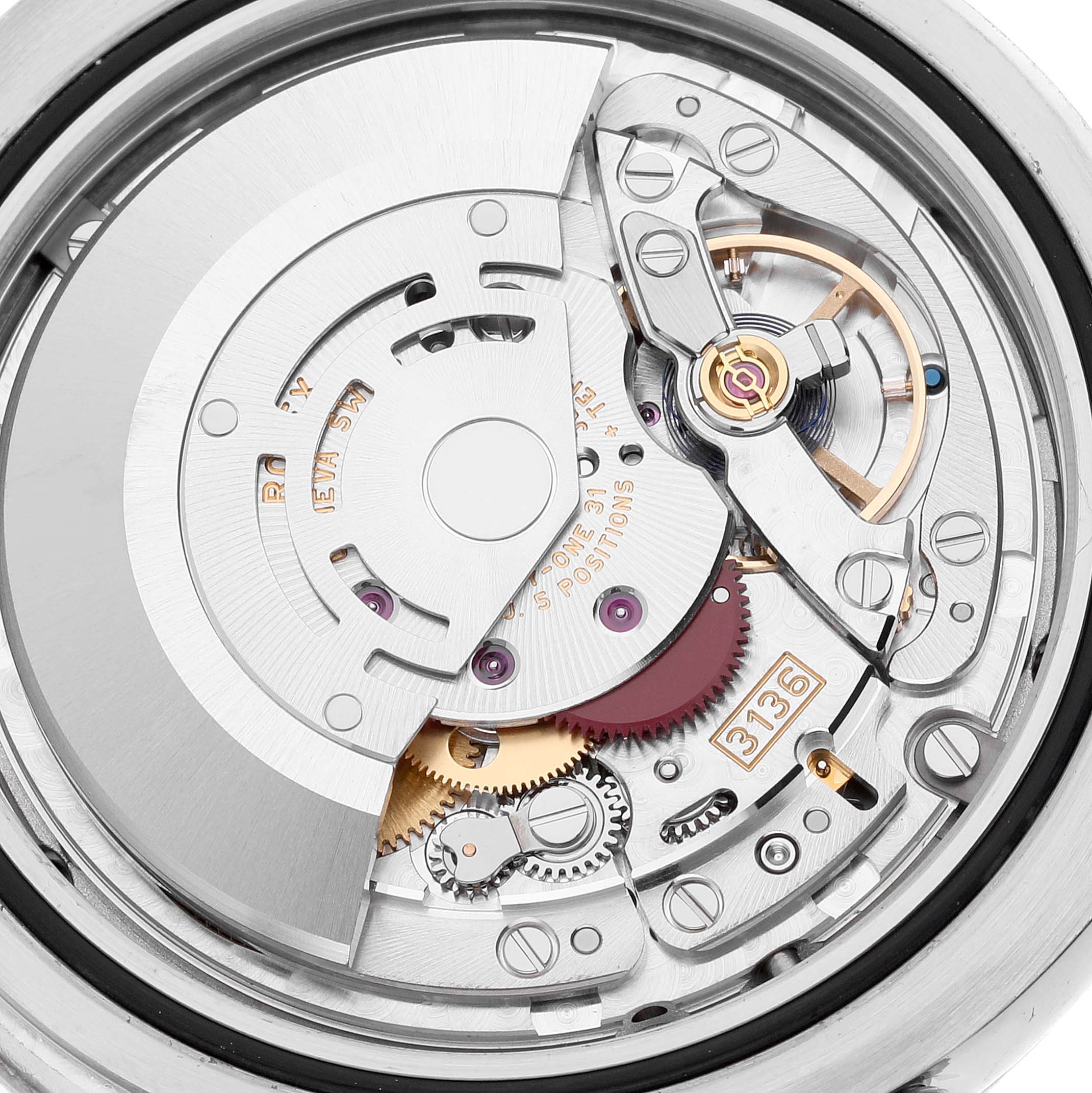 This is a close-up view of the internal mechanism of a Rolex Datejust 41 116334 Men
s Stainless Steel Blue Dial 116334 Men
s Stainless Steel Blue Dial, showcasing the movement components.