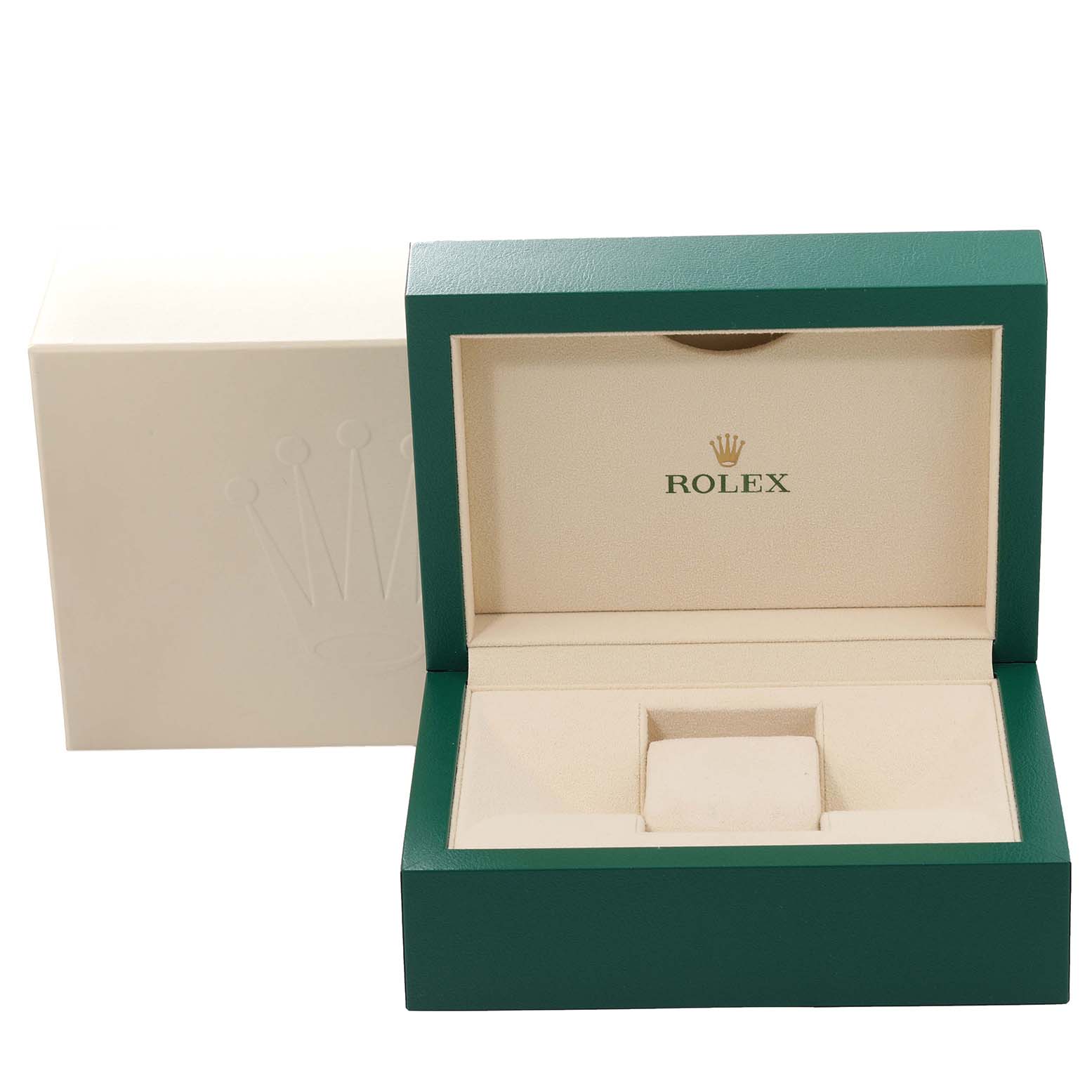 This image shows an open green-and-cream Rolex box designed for the Datejust 41 model.
