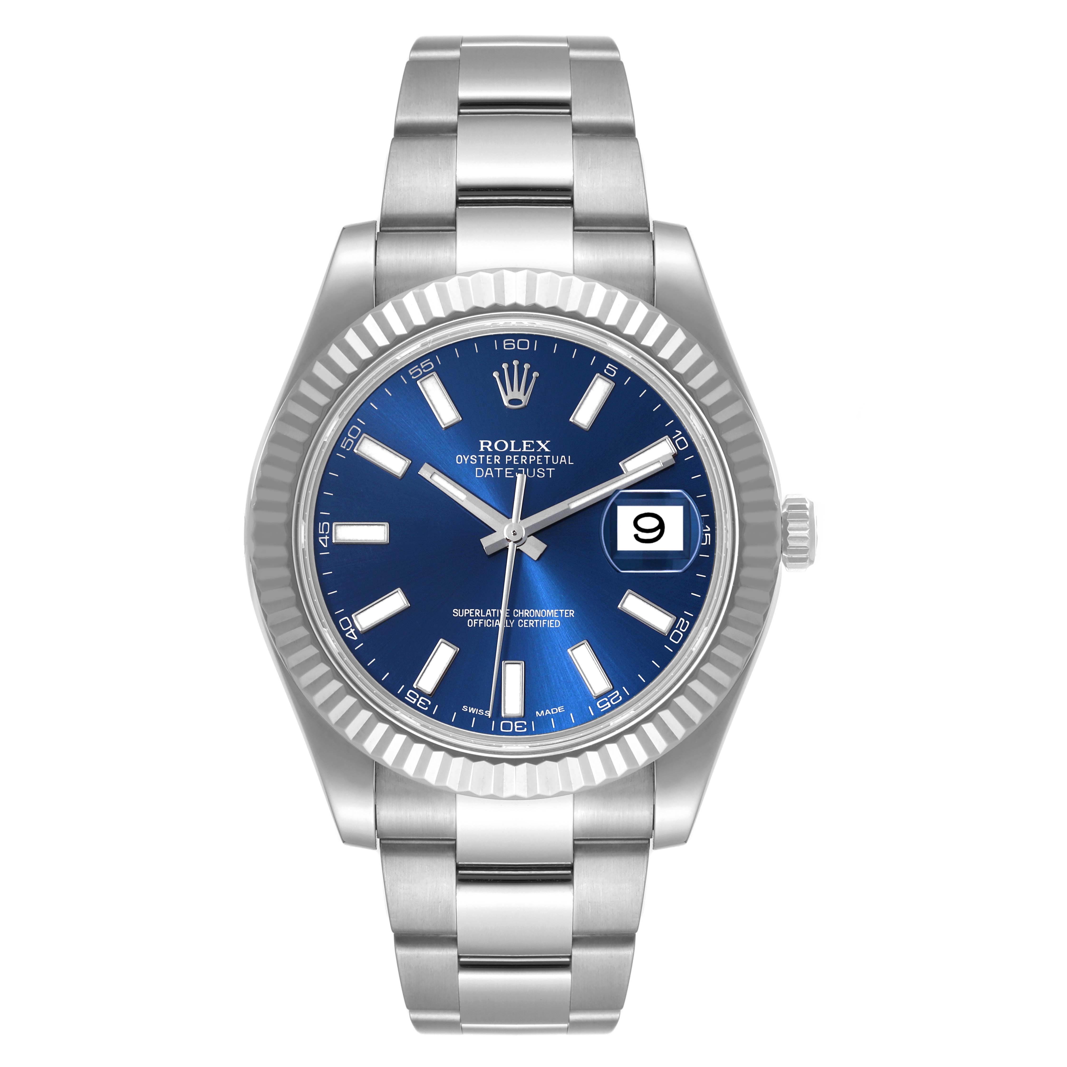 The Rolex Datejust 41 116334 Men
s Stainless Steel Blue Dial 116334 Men
s Stainless Steel Blue Dial watch is shown from a front angle, highlighting its blue dial, date window, and stainless steel bracelet.