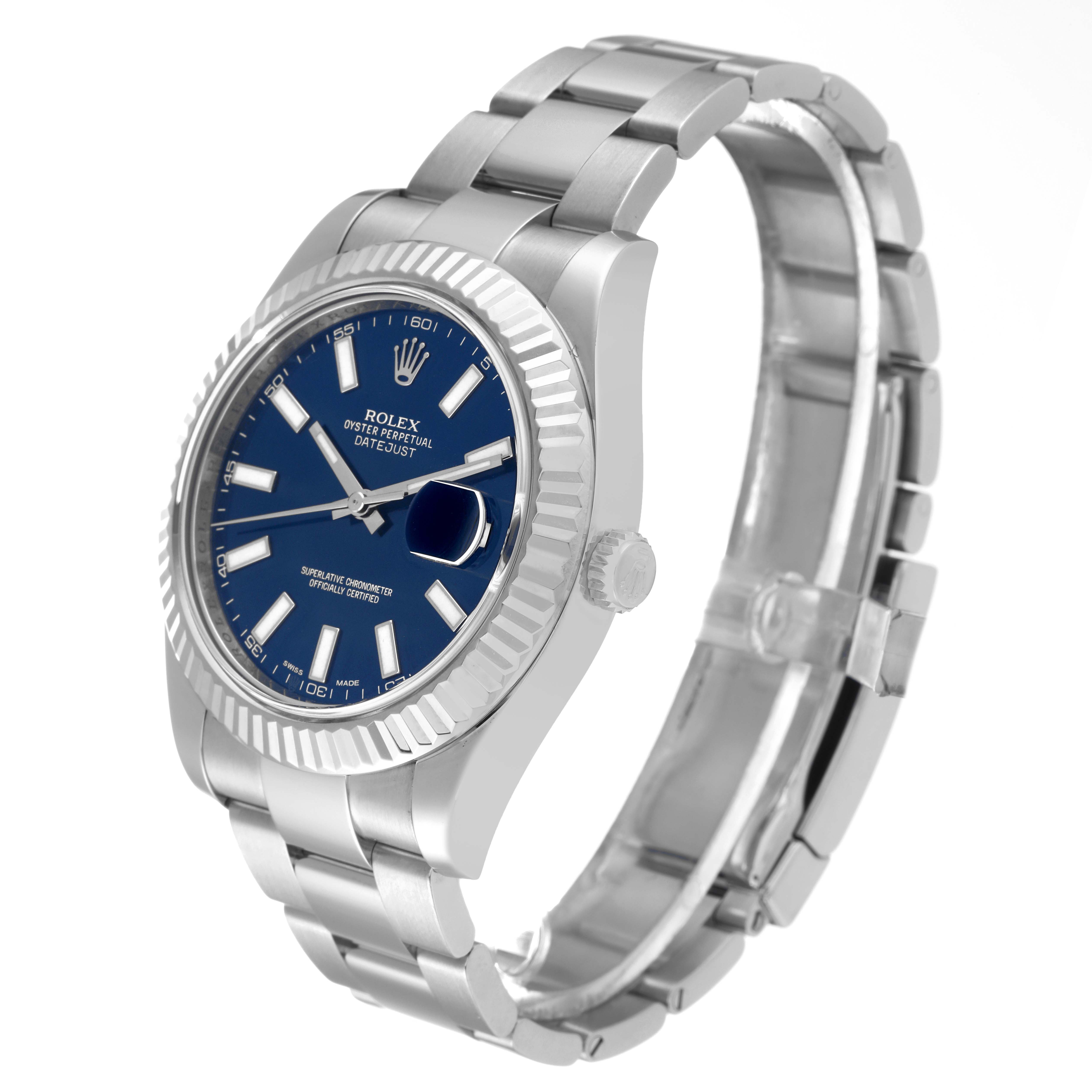 This image shows a Rolex Datejust 41 116334 Men
s Stainless Steel Blue Dial 116334 Men
s Stainless Steel Blue Dial watch at a slight angle, highlighting its blue dial and stainless steel bracelet.