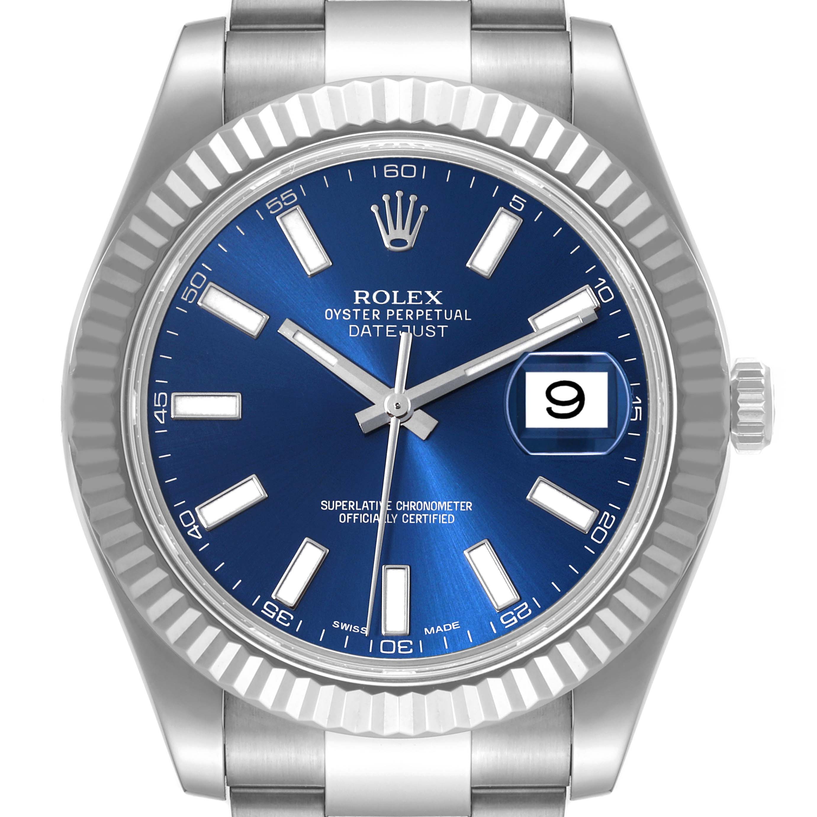 This image shows a front view of the Rolex Datejust 41 116334 Men
s Stainless Steel Blue Dial 116334 Men
s Stainless Steel Blue Dial watch, highlighting the blue dial, date display, and fluted bezel.