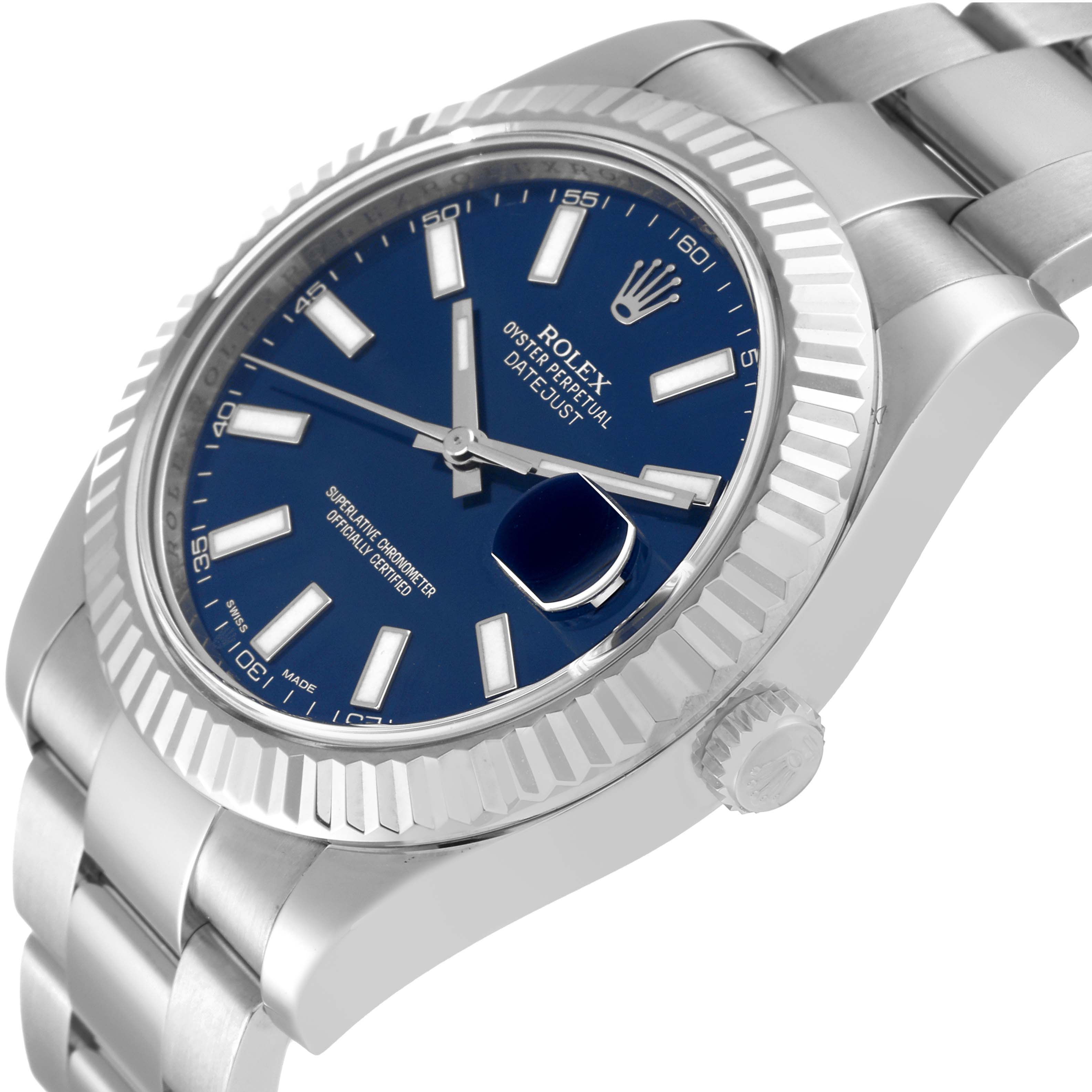 This image shows a close-up angled view of the Rolex Datejust 41 116334 Men
s Stainless Steel Blue Dial 116334 Men
s Stainless Steel Blue Dial, highlighting the blue dial, bezel, and part of the bracelet.