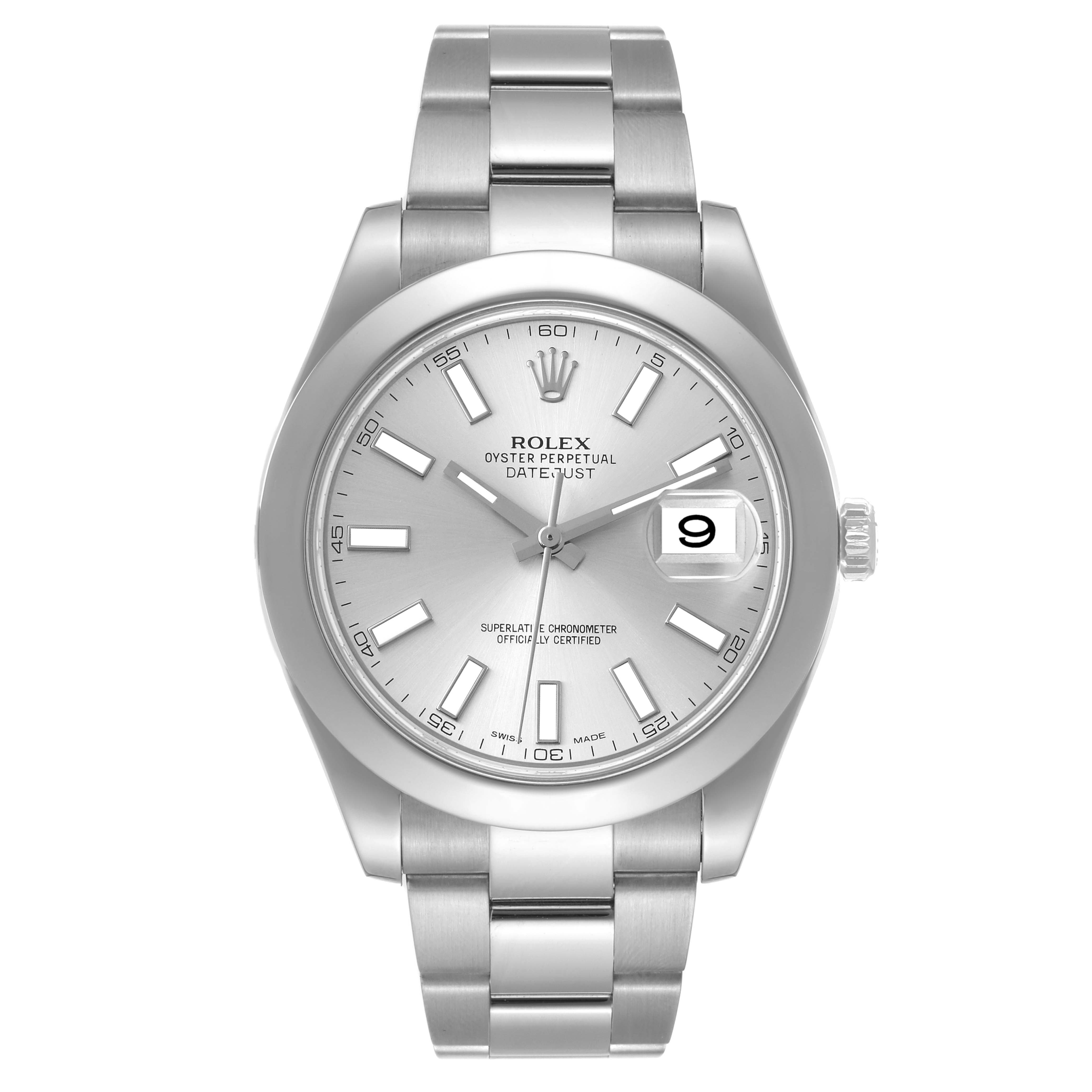 The image shows a front view of the Rolex Datejust 41 116300 Men
s Stainless Steel Silver Dial 116300 Men
s Stainless Steel Silver Dial watch, highlighting the dial, hands, case, bracelet, and date window.