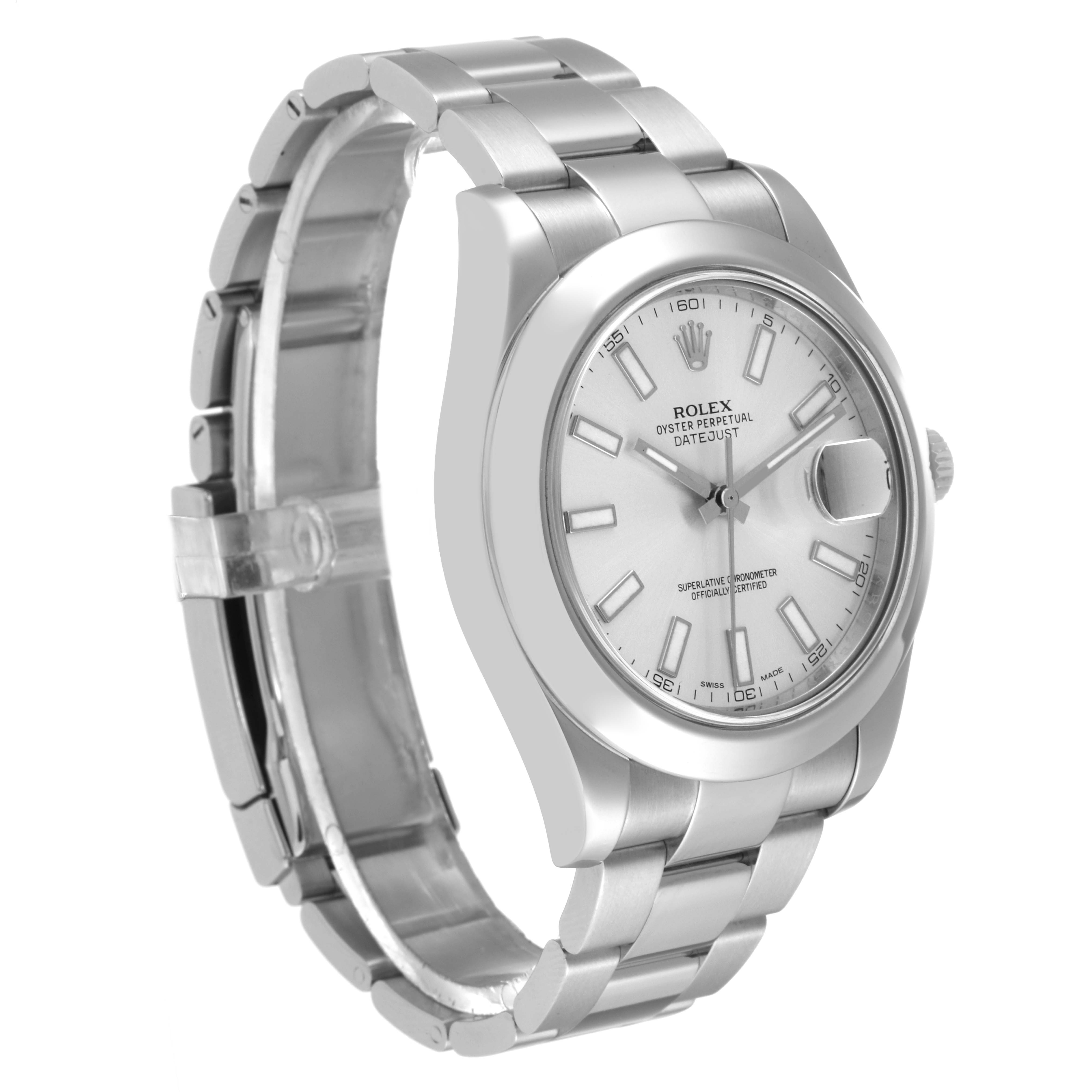 The image shows a Rolex Datejust 41 116300 Men
s Stainless Steel Silver Dial 116300 Men
s Stainless Steel Silver Dial watch angled from the left side, highlighting its bracelet, dial, and crown.