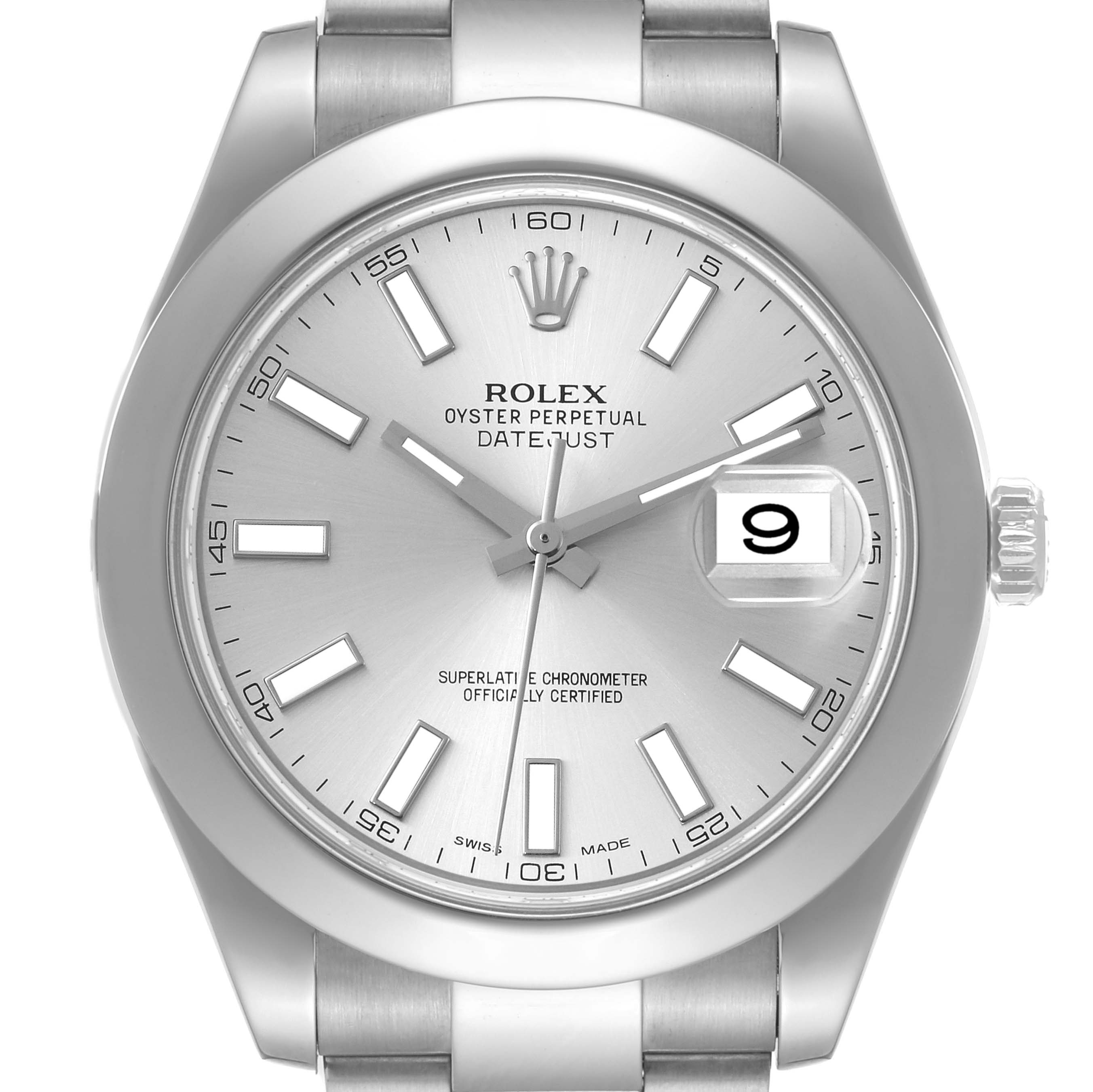 This image shows a front view of the Rolex Datejust 41 116300 Men
s Stainless Steel Silver Dial 116300 Men
s Stainless Steel Silver Dial, highlighting the dial, hands, markers, and date window.