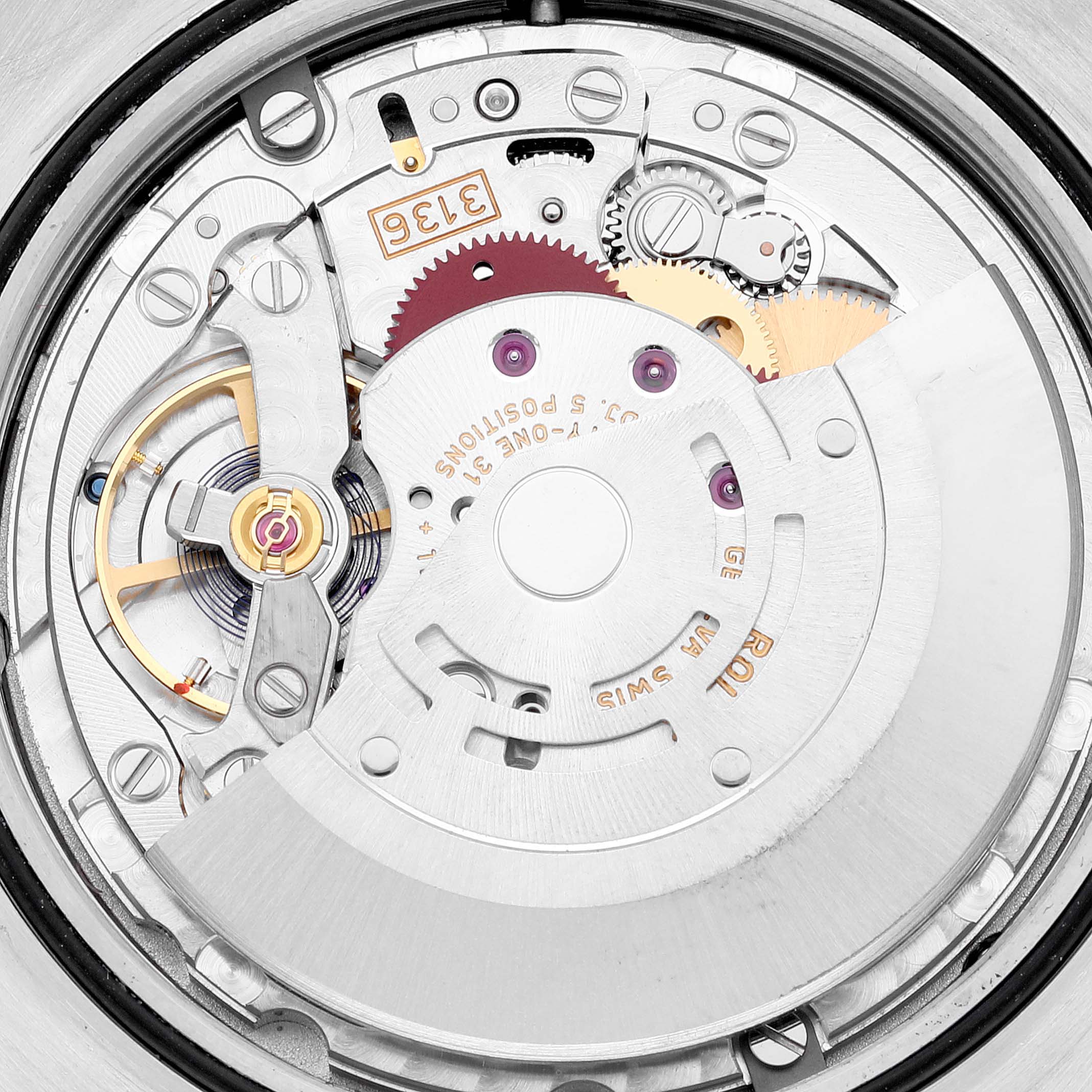 This image shows a close-up of the movement mechanism inside a Rolex Datejust 41 116300 Men
s Stainless Steel Silver Dial 116300 Men
s Stainless Steel Silver Dial watch.