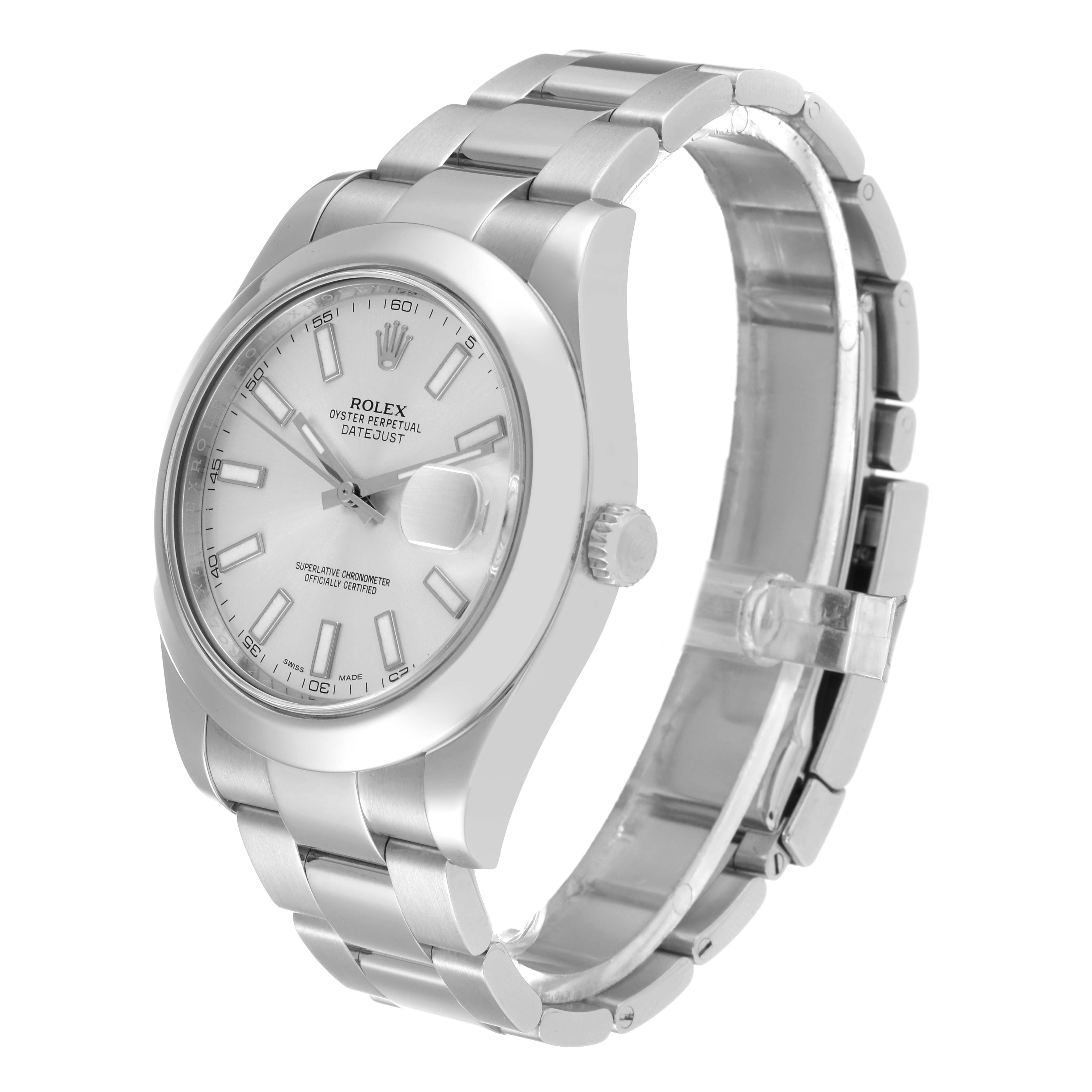 This image shows a Rolex Datejust 41 116300 Men
s Stainless Steel Silver Dial 116300 Men
s Stainless Steel Silver Dial model watch angled slightly from the side, displaying its face, bezel, and bracelet.