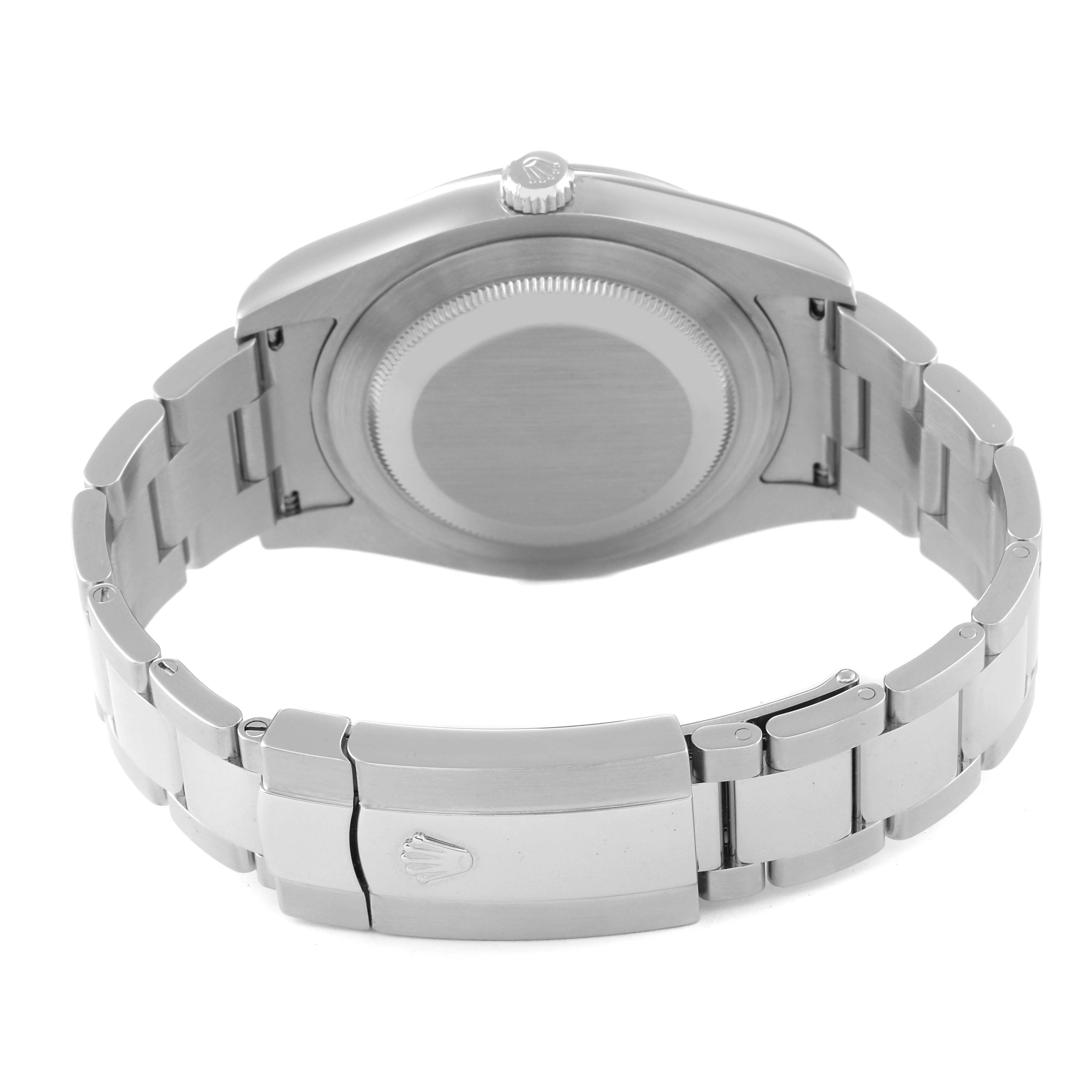 This Rolex Datejust 41 116300 Men
s Stainless Steel Silver Dial 116300 Men
s Stainless Steel Silver Dial watch is shown from the back, highlighting the bracelet and clasp.