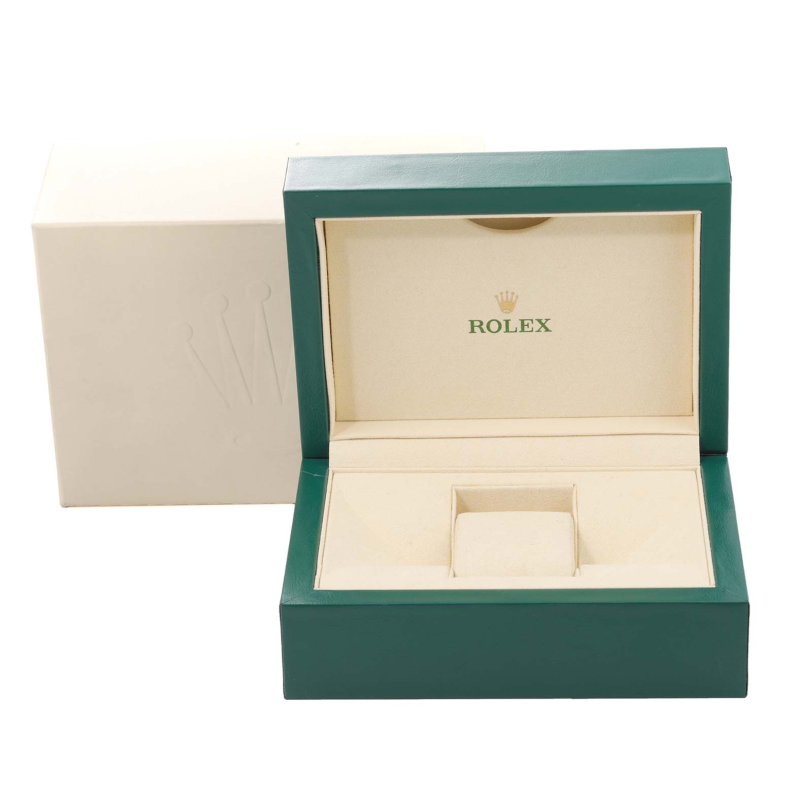 This image shows the open box of a Rolex Datejust 41 116300 Men
s Stainless Steel Silver Dial 116300 Men
s Stainless Steel Silver Dial, displaying the interior with a compartment for the watch.