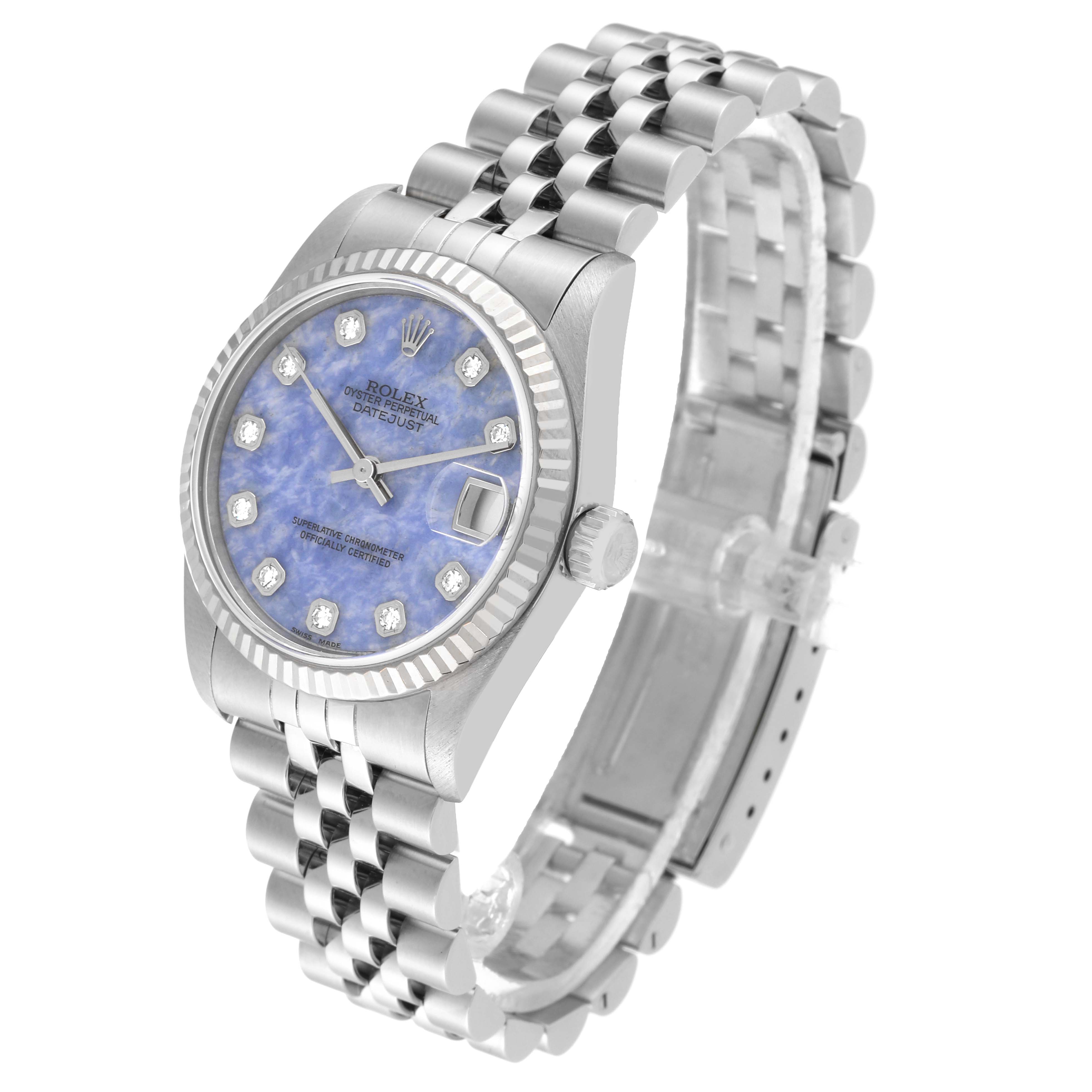 This Rolex Mid-Size 68274 Women's Stainless Steel Blue Dial 68274 Women's Stainless Steel Blue Dial watch is shown at a 3/4 angle, displaying the bracelet, case, bezel, and dial.
