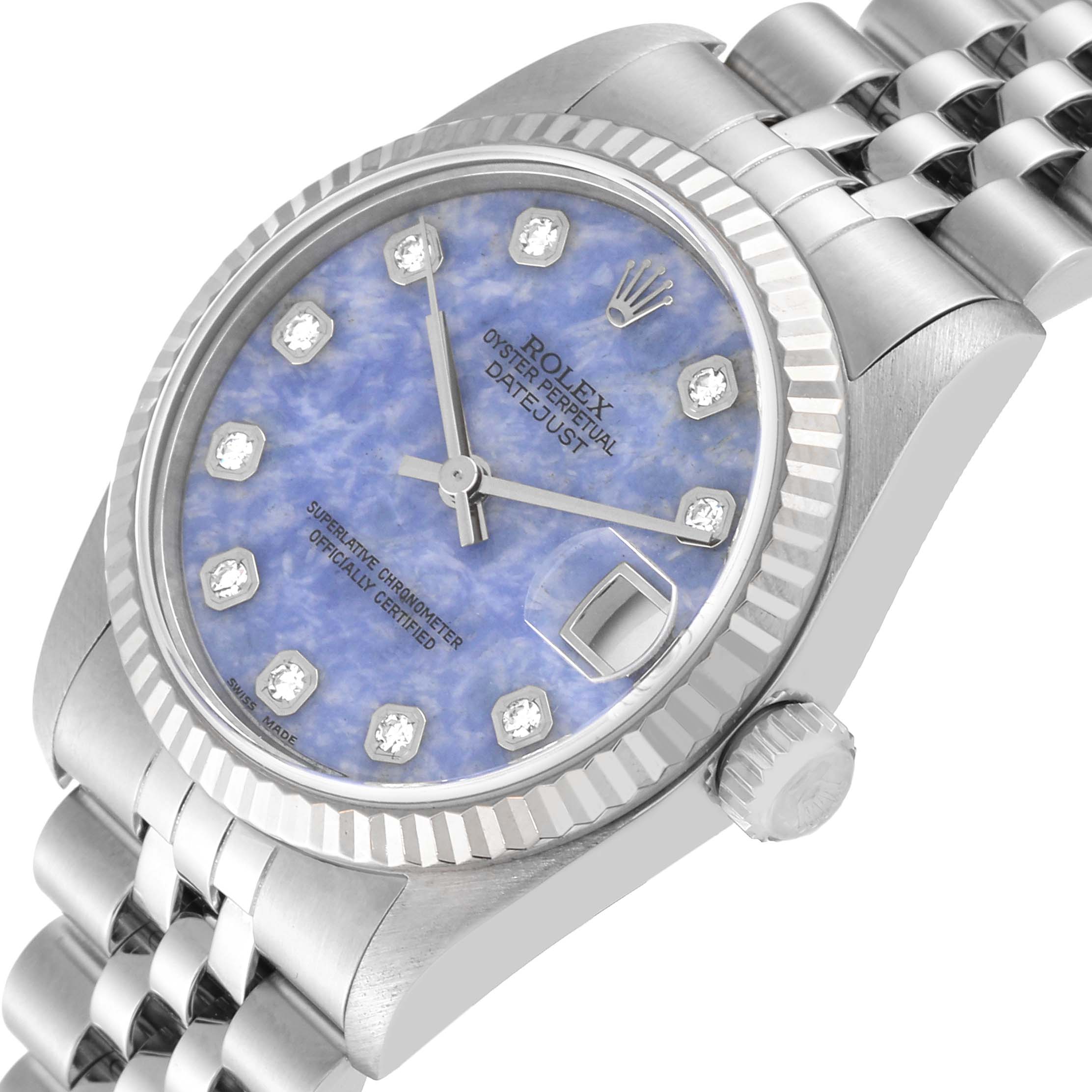 The Mid-Size Rolex watch is shown at an angle highlighting its dial, bezel, crown, and part of the bracelet.
