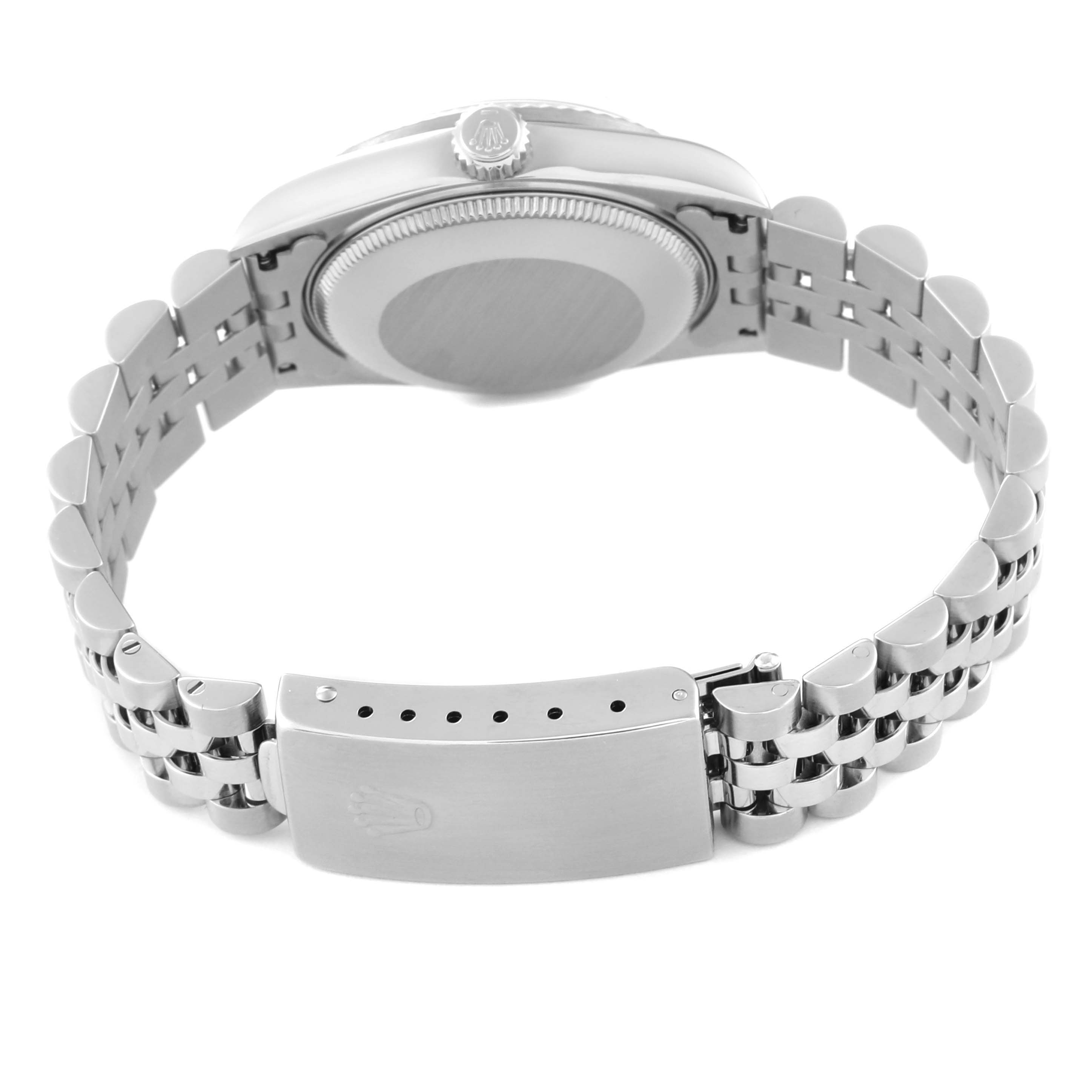 This image shows the backside and bracelet clasp of a Rolex Mid-Size 68274 Women's Stainless Steel Blue Dial 68274 Women's Stainless Steel Blue Dial model watch.