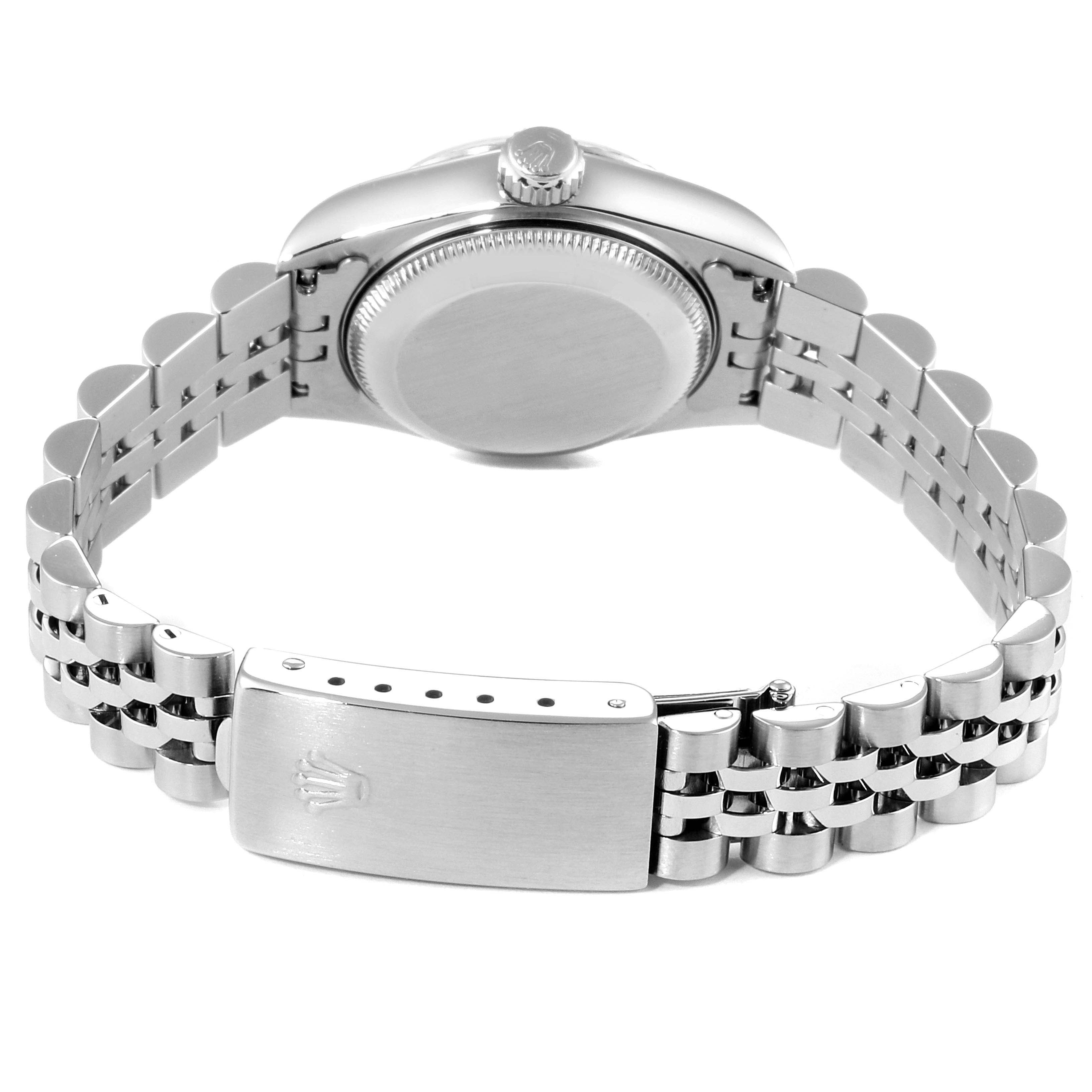 The image shows a rear view of a Rolex Datejust 69174 Women
s Stainless Steel Black Dial 69174 Women
s Stainless Steel Black Dial watch, highlighting the case back, crown, and bracelet with clasp.