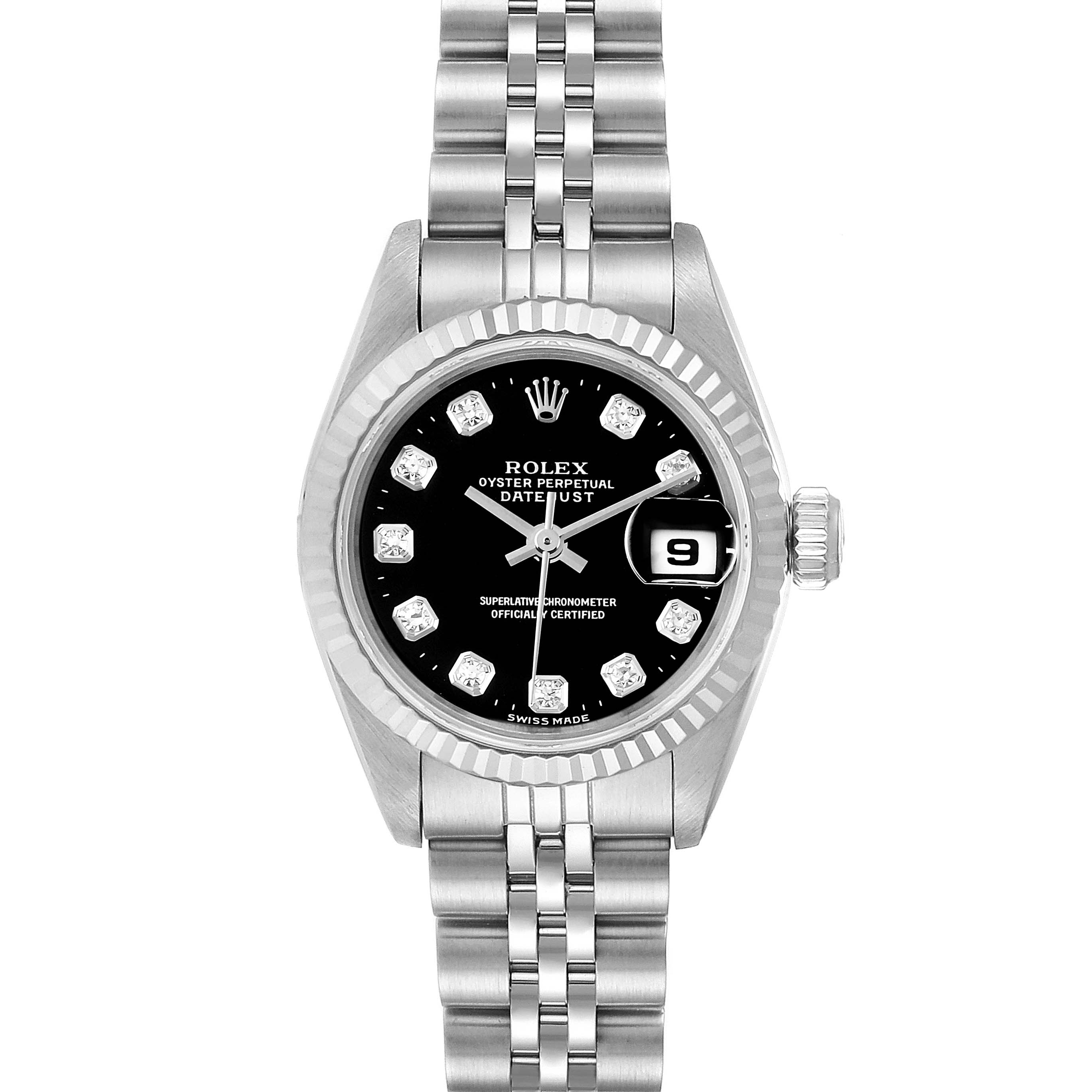 This image shows a front view of a Rolex Datejust 69174 Women
s Stainless Steel Black Dial 69174 Women
s Stainless Steel Black Dial watch displaying the dial, bezel, hands, date, and bracelet.