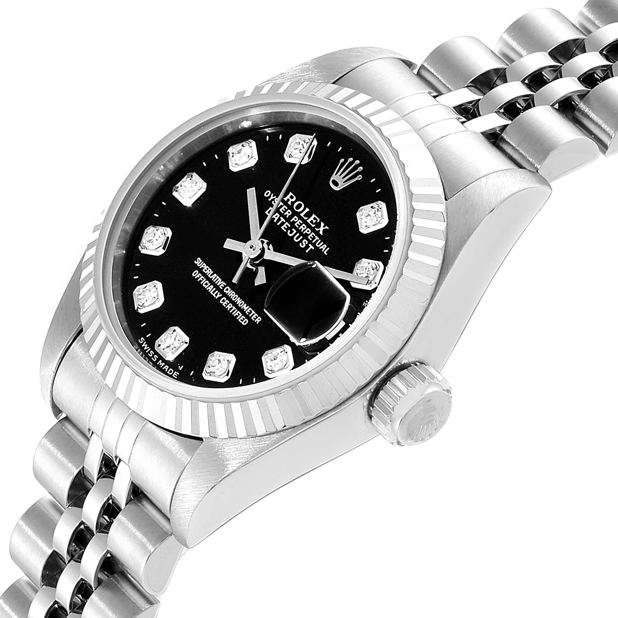 This image shows a side angle of the Rolex Datejust 69174 Women
s Stainless Steel Black Dial 69174 Women
s Stainless Steel Black Dial watch, highlighting the dial, bezel, crown, and bracelet.