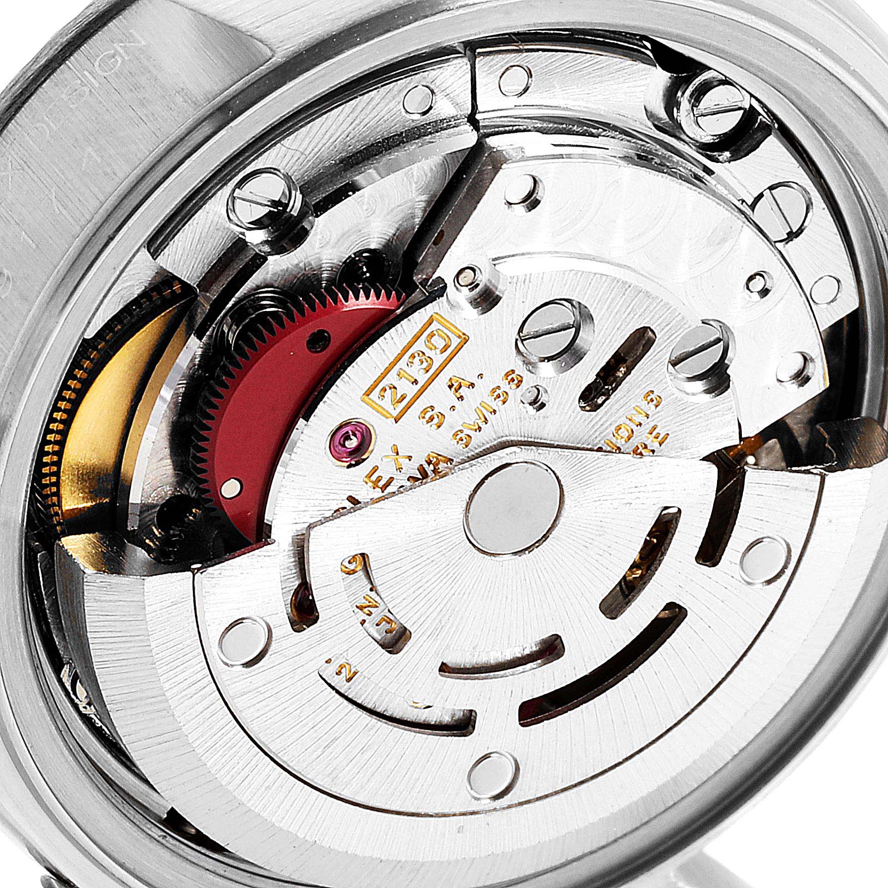 This close-up image showcases the intricate mechanical movement of a Rolex Datejust 69174 Women
s Stainless Steel Black Dial 69174 Women
s Stainless Steel Black Dial watch.