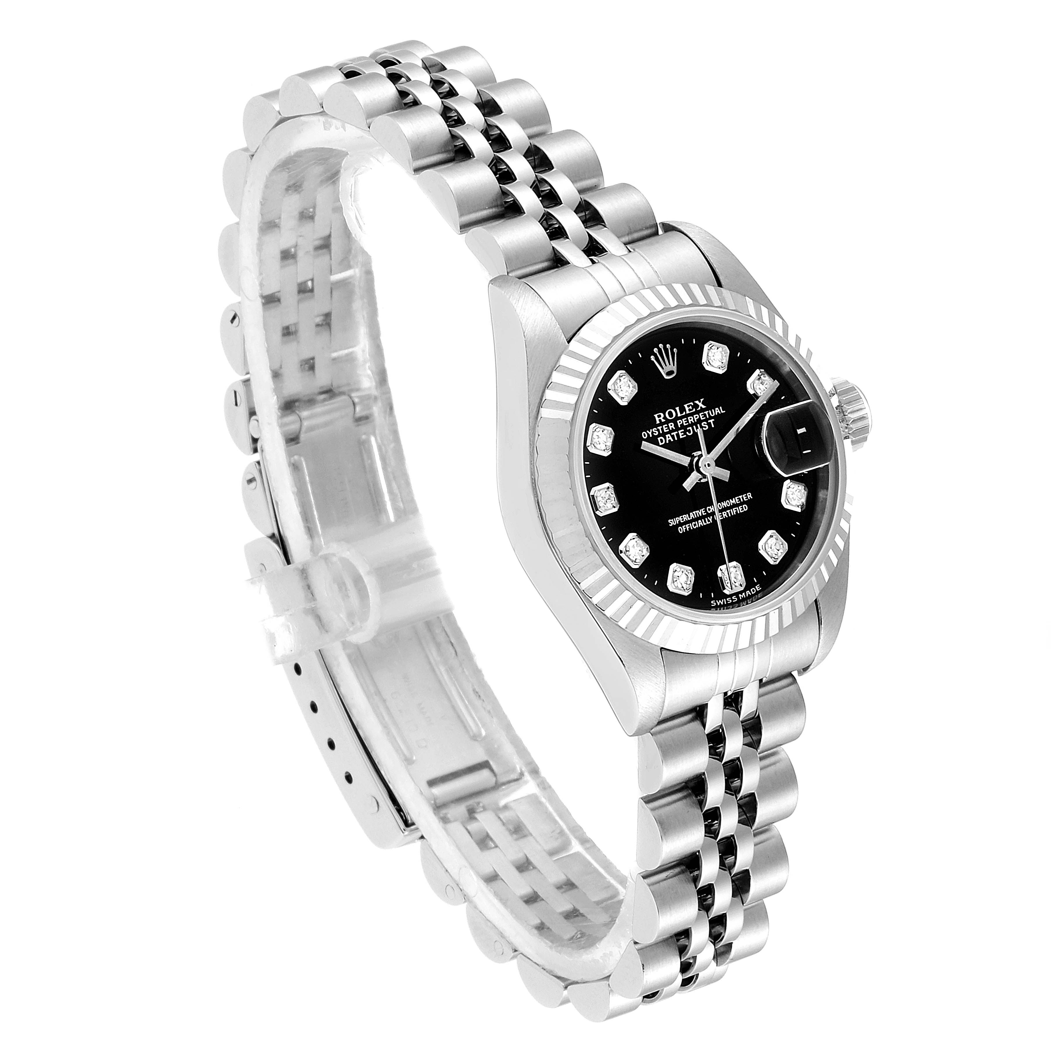 The image shows a side angle of the Rolex Datejust 69174 Women
s Stainless Steel Black Dial 69174 Women
s Stainless Steel Black Dial watch, highlighting its jubilee bracelet, dial, and fluted bezel.