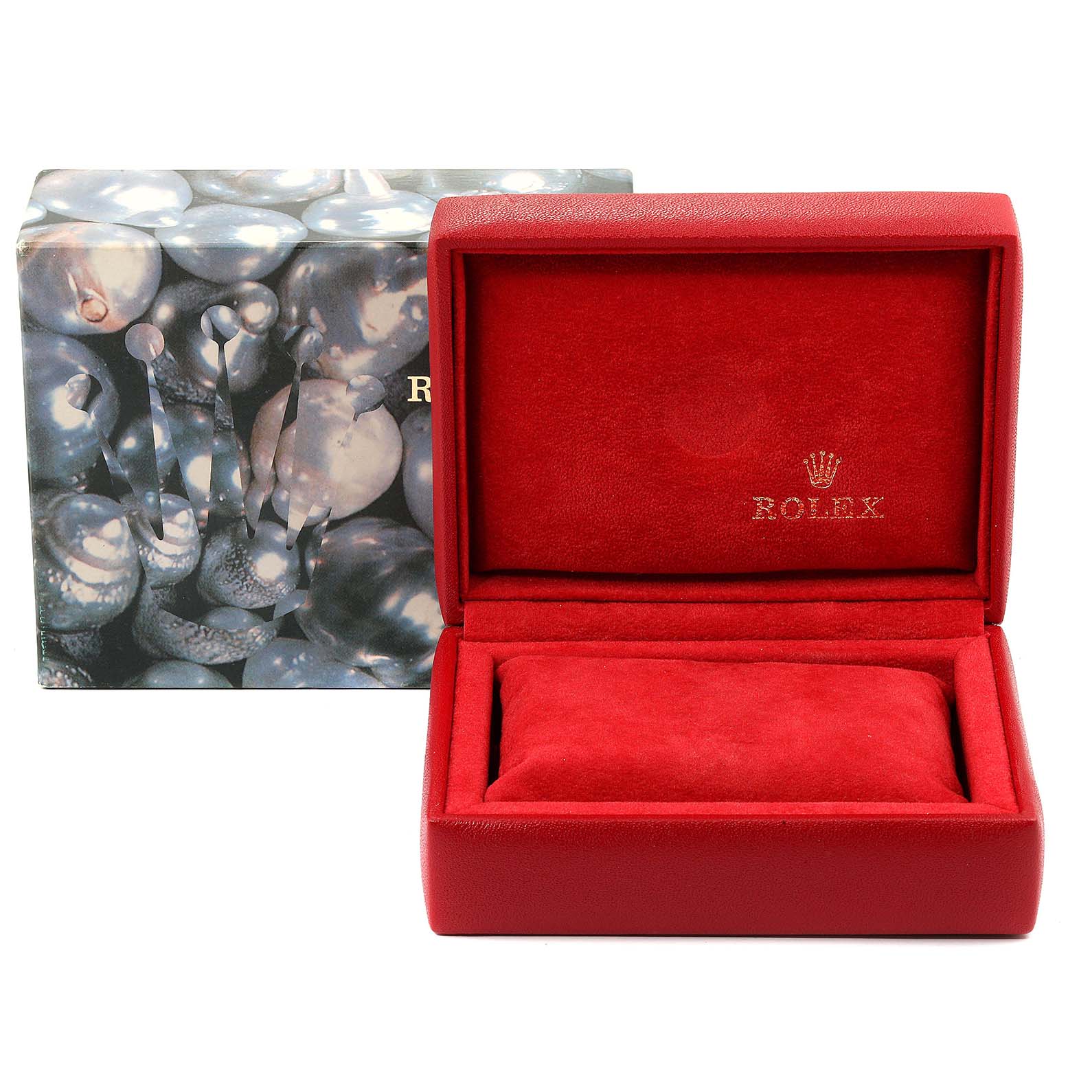 The image shows the open red watch box and outer packaging for a Datejust model by Rolex.